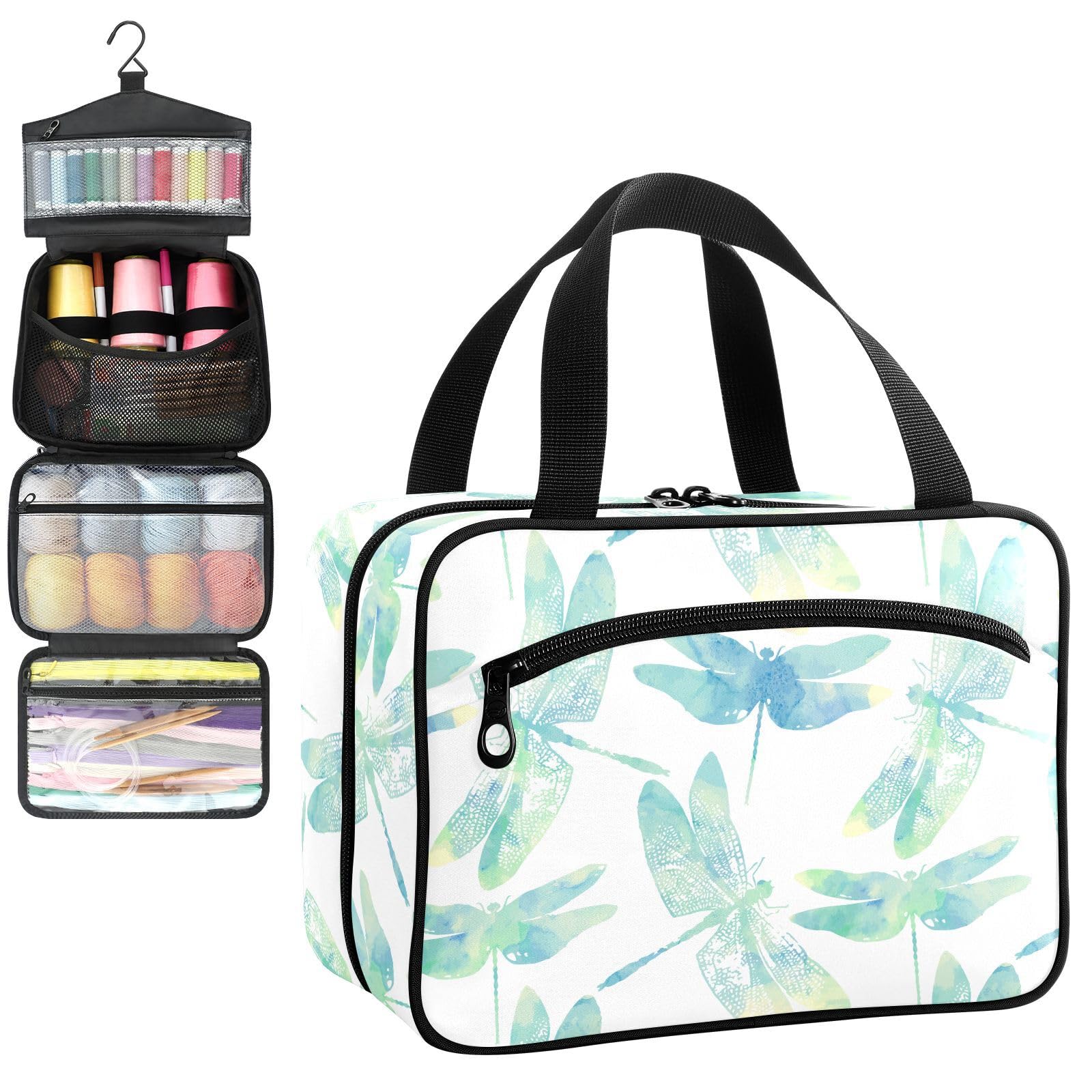 YNNALE Sewing Supply Organizer Bag, Dragonfly Teal Green Watercolor Portable Sewing Bags with Pockets&Hanger, Sewing Storage Box Case for Sew Supplies/Kit/Tools/Accessories (BAG ONLY)