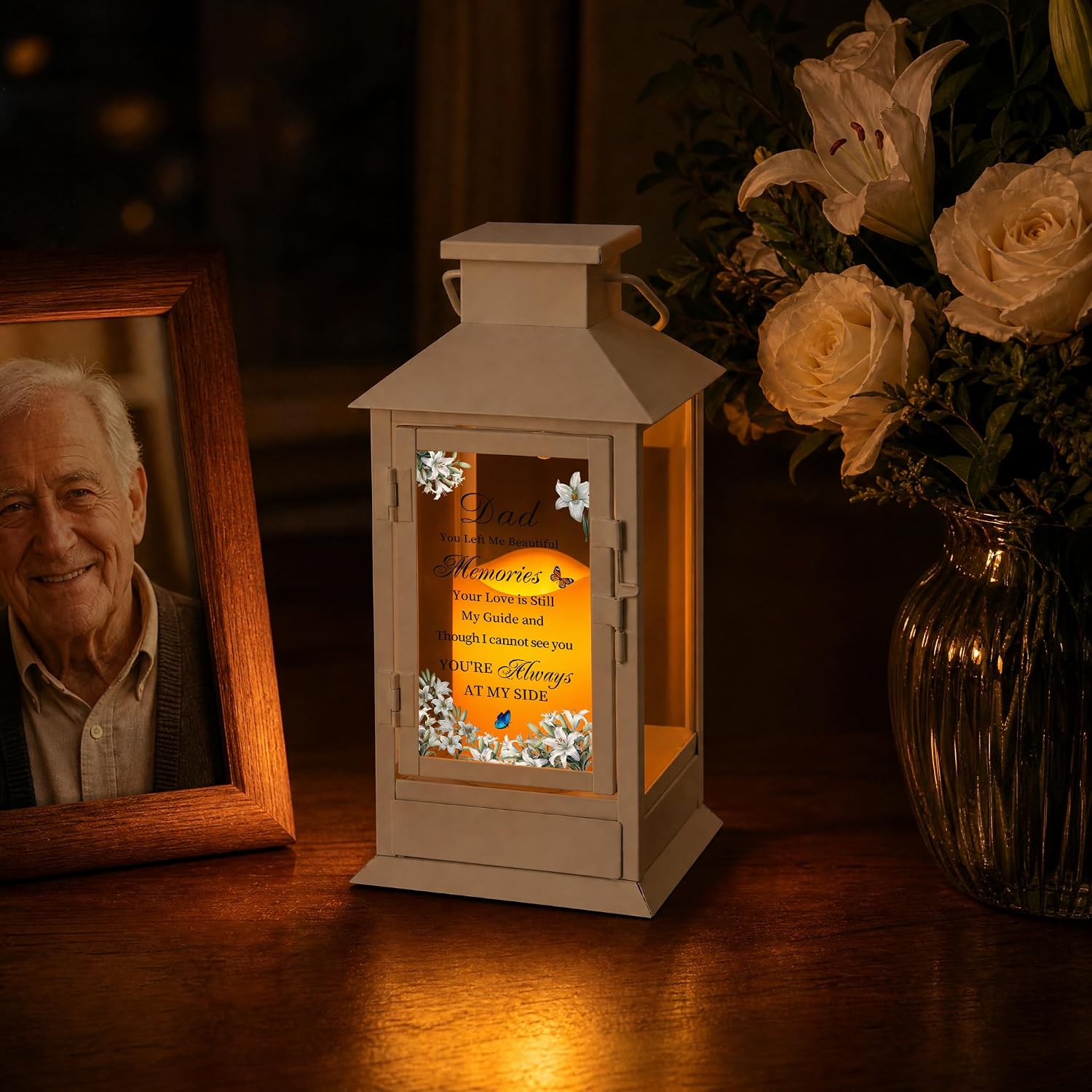 Sympathy Memorial Gifts for Loss of Father, Memorial Lantern with Drawer for Keepsakes, Condolences Bereavement Gifts for Loss of Dad, White