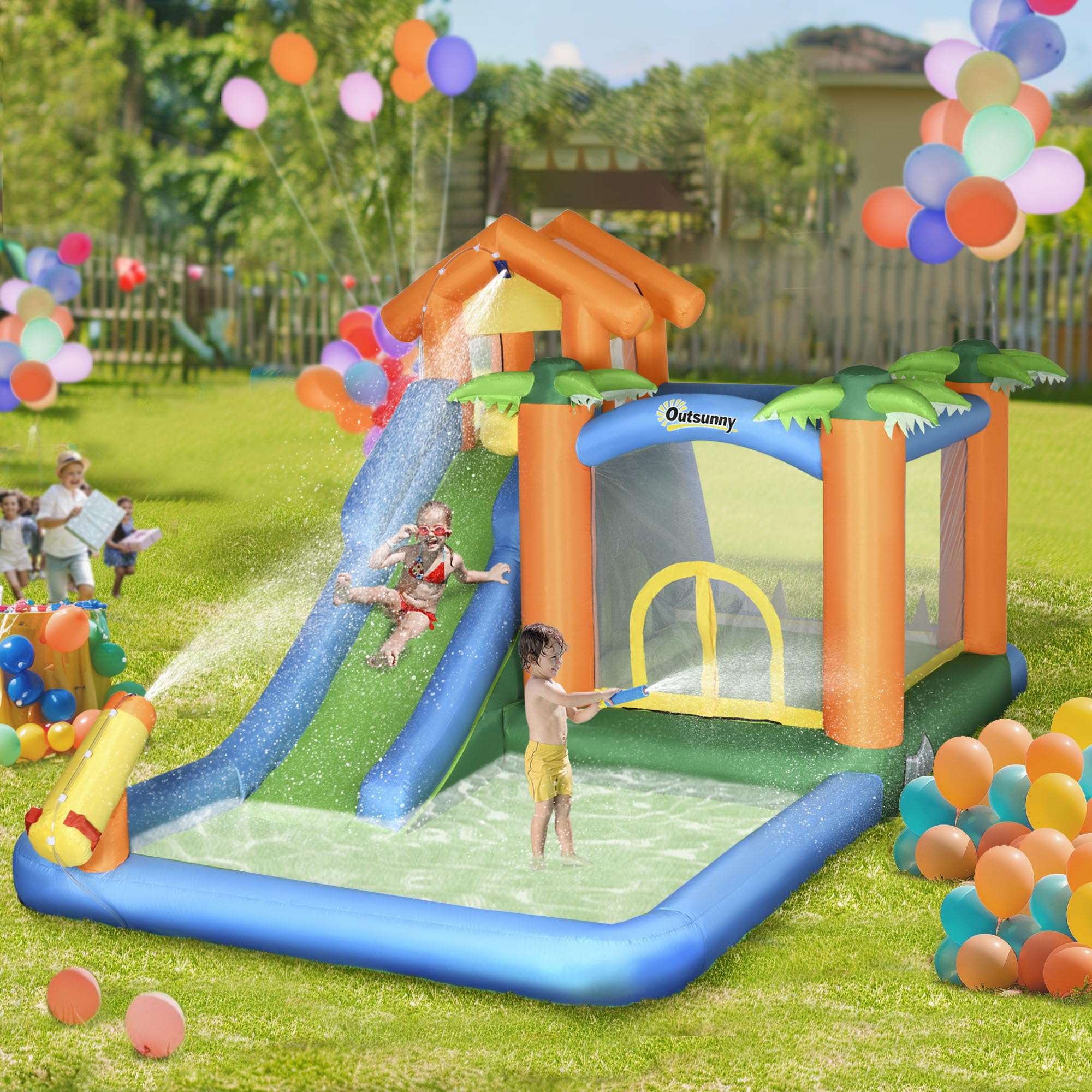 Outsunny 5-in-1 Kids Inflatable Bounce House Jumping Castle with Slide, Climbing Wall, Trampoline, & Water Pool Area, Water Cannon, Sea Balls, Air Blower