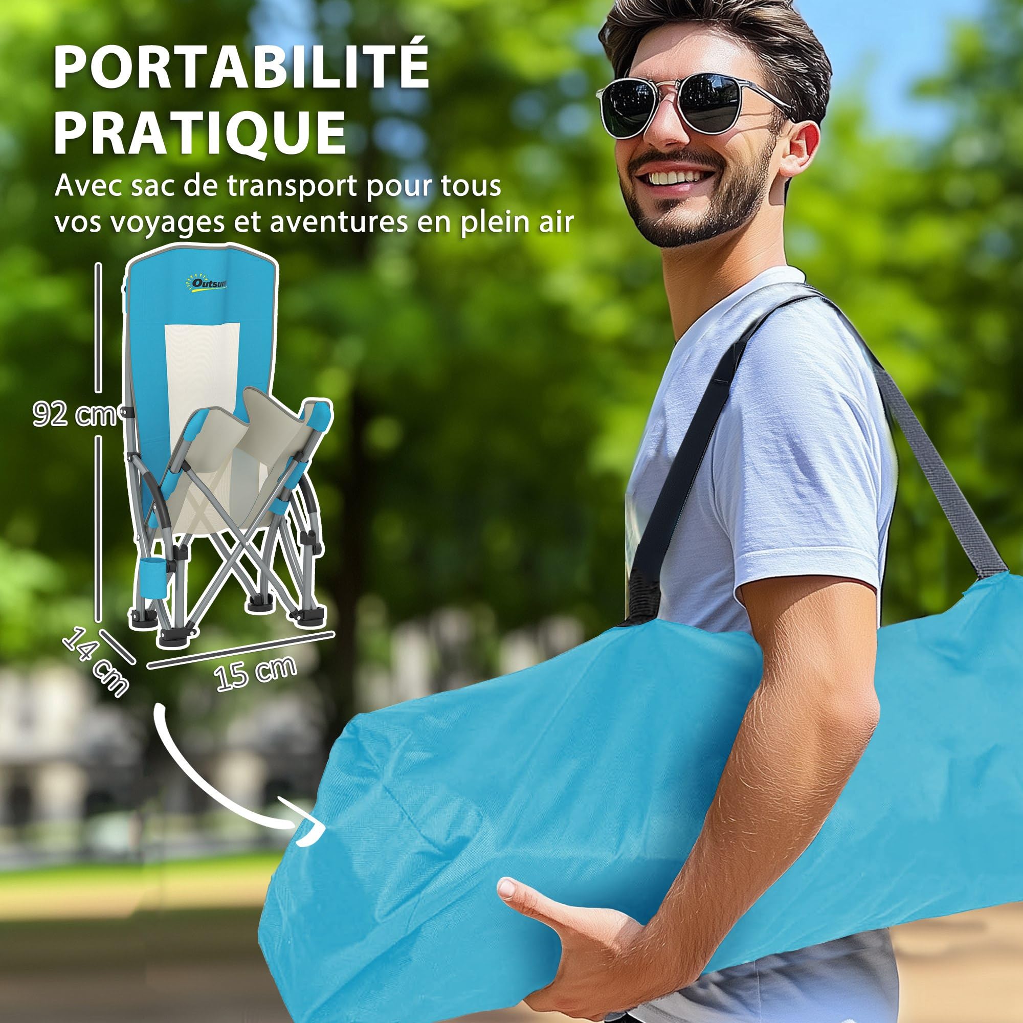 Outsunny Lot de 2 Chaises de Plage Pliable Chaises Camping Bleu | Légère 2,7 kg, Dossier en Maille, Sac de Transport, Porte-Gobelet, Jardin, Pique-Nique, Festival, Voyage