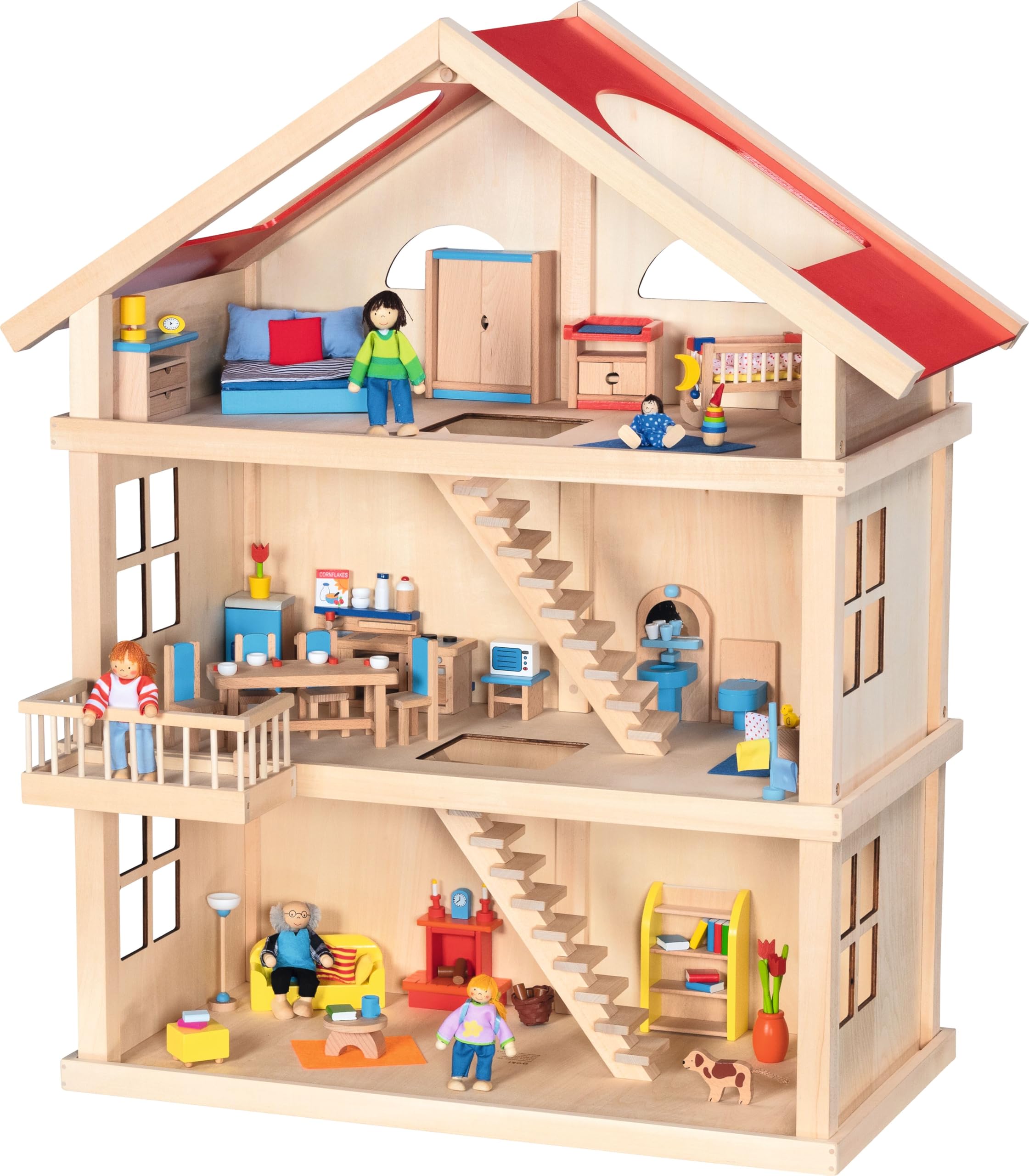 goki 6633 - Puppenhaus Set XXL, 115 Teile aus Holz & Textil, Komplettes Möbelset & Zubehör, Biegepuppenfamilie, Küche, Badezimmer, Schlafzimmer, Wohnzimmer, Haus mit Etagen 65 x 35 x 88cm, ab 3 Jahre