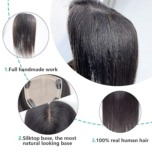 Miniatura 2 de Briiwii Toppers de cabello humano para mujeres con pérdida de cabello adelgazante, base plateada, 4.75 x 5 pulgadas, parte libre hecha a mano, color