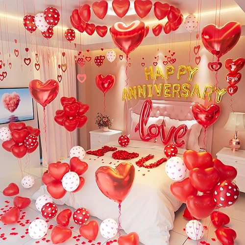 Decoraciones de aniversario, decoraciones del día de San Valentín, globos del día de San Valentín con pancarta de feliz aniversario, globos de