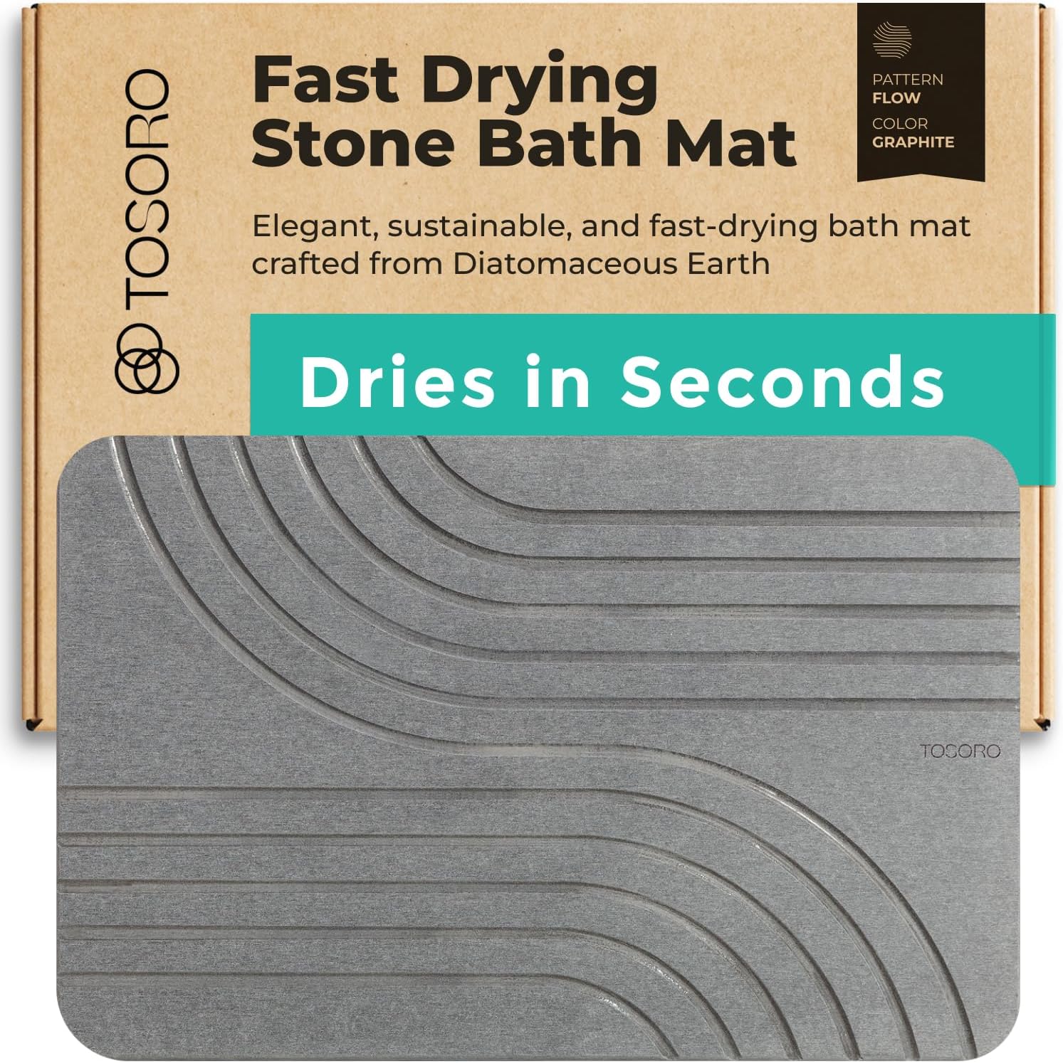 Stone Bath Mat, Diatomaceous Earth Non-Slip Stone Shower Mat - Quick Drying Absorbent Bath Mats for Bathroom - Elegant & Modern Design, Easy to Clean (23.5 x 15) - Graphite 23.6" x 15.3" (Rectangular) Flow Graphite