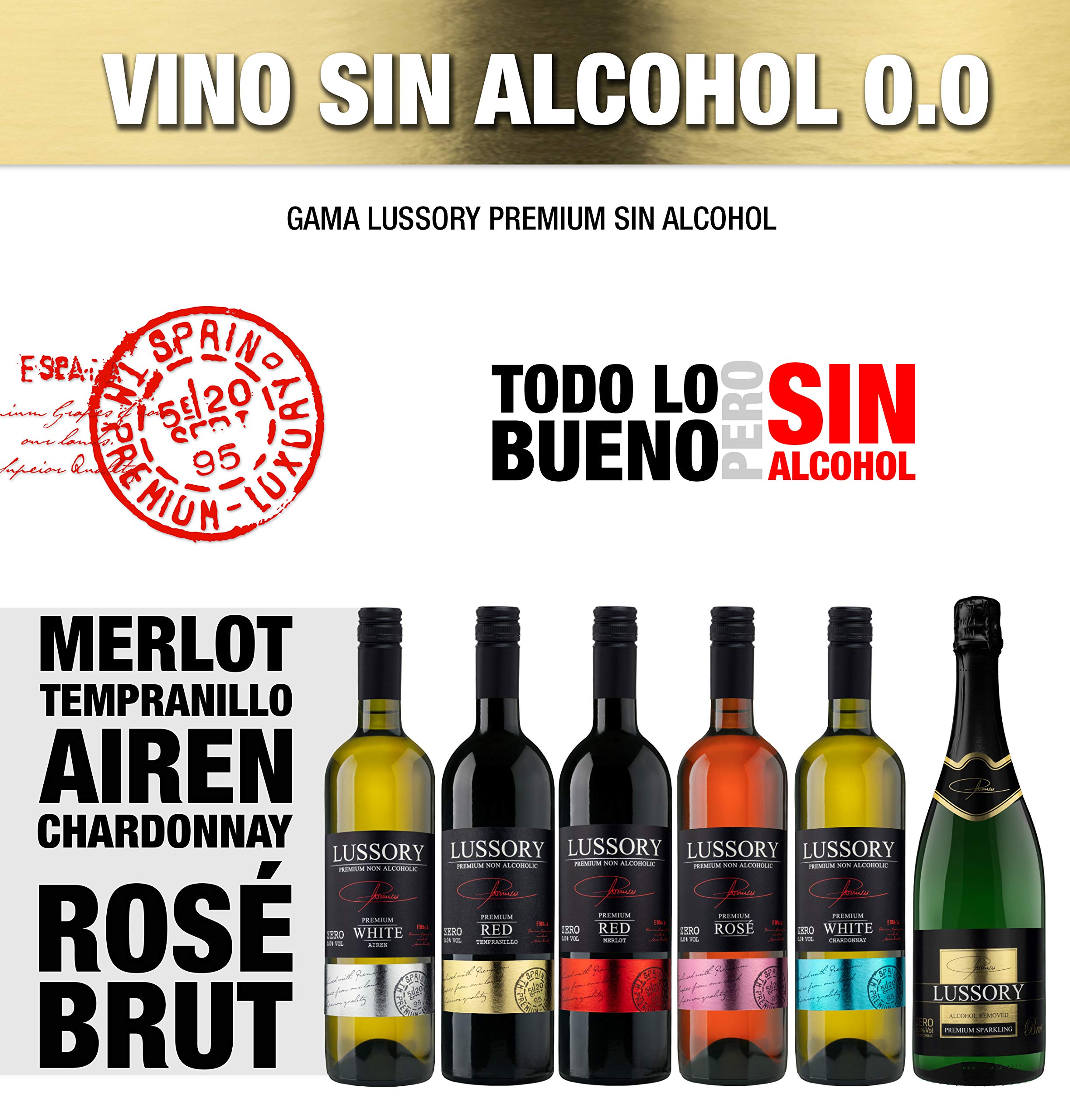 Vino Rosado SIN ALCOHOL 0,0 - LUSSORY PREMIUM Rosé - Caja de 6 botellas x 0,75 cl Total: 4500ml | Proceso de Desalcoholización de Vino Original