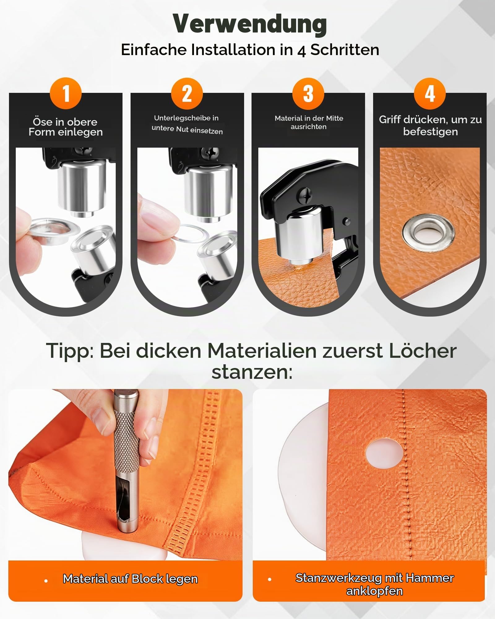 Ösenzange Kit mit Austauschbaren Einsätzen, Lochzange Ösenpresse mit Aufbewahrungsbox und 400 Ösen (Ø6/10 mm je 200 Stk), Hand Ösen Werkzeug für Planen, PVC, Leder, Stoff, Karton