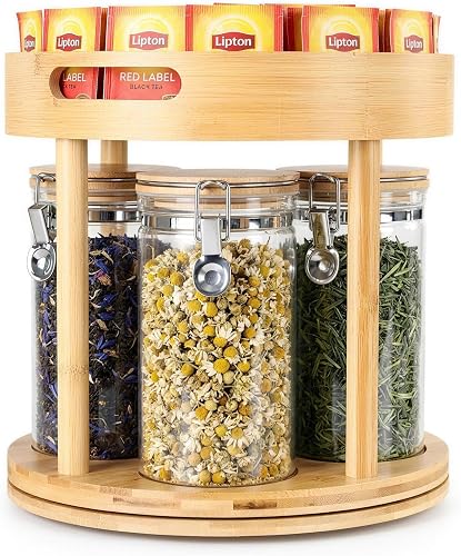 KKC HOME ACCENTS Airtight Glass Canister Set of 4 with 2-Tier Bamboo Lazy Susan Turntable Organizer – Coffee & Tea Bar Lazy Susan Organizer Station for Coffee, Pods,Loose Tea, Sugar & Creamers
