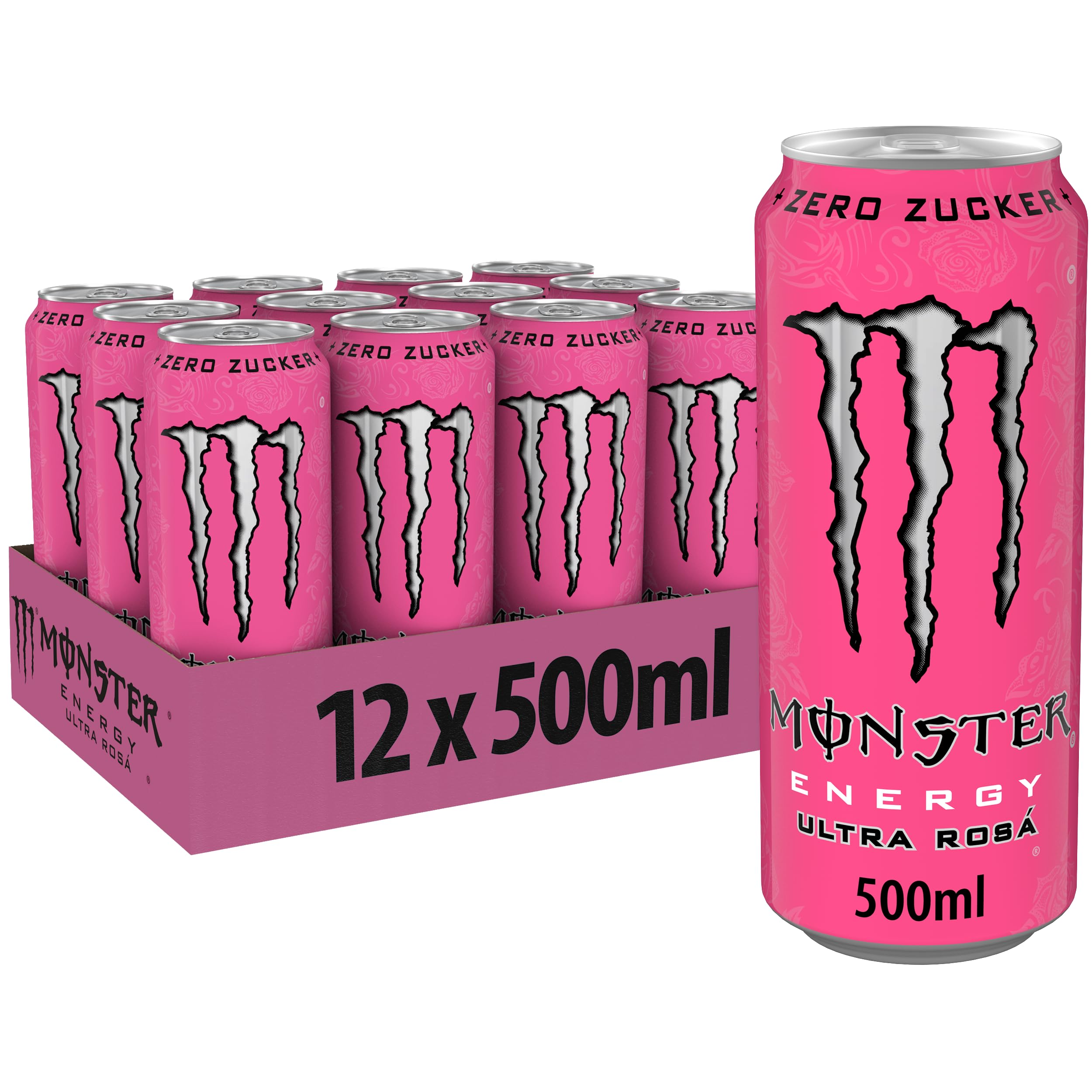 Monster Energy® Ultra Rosá - koffeinhaltiger Energy-Drink mit erfrischend-leichtem Grapefruit-Geschmack - full Flavour, zero Zucker, zero Kalorien - in praktischen Einweg Dosen (12 x 500 ml)