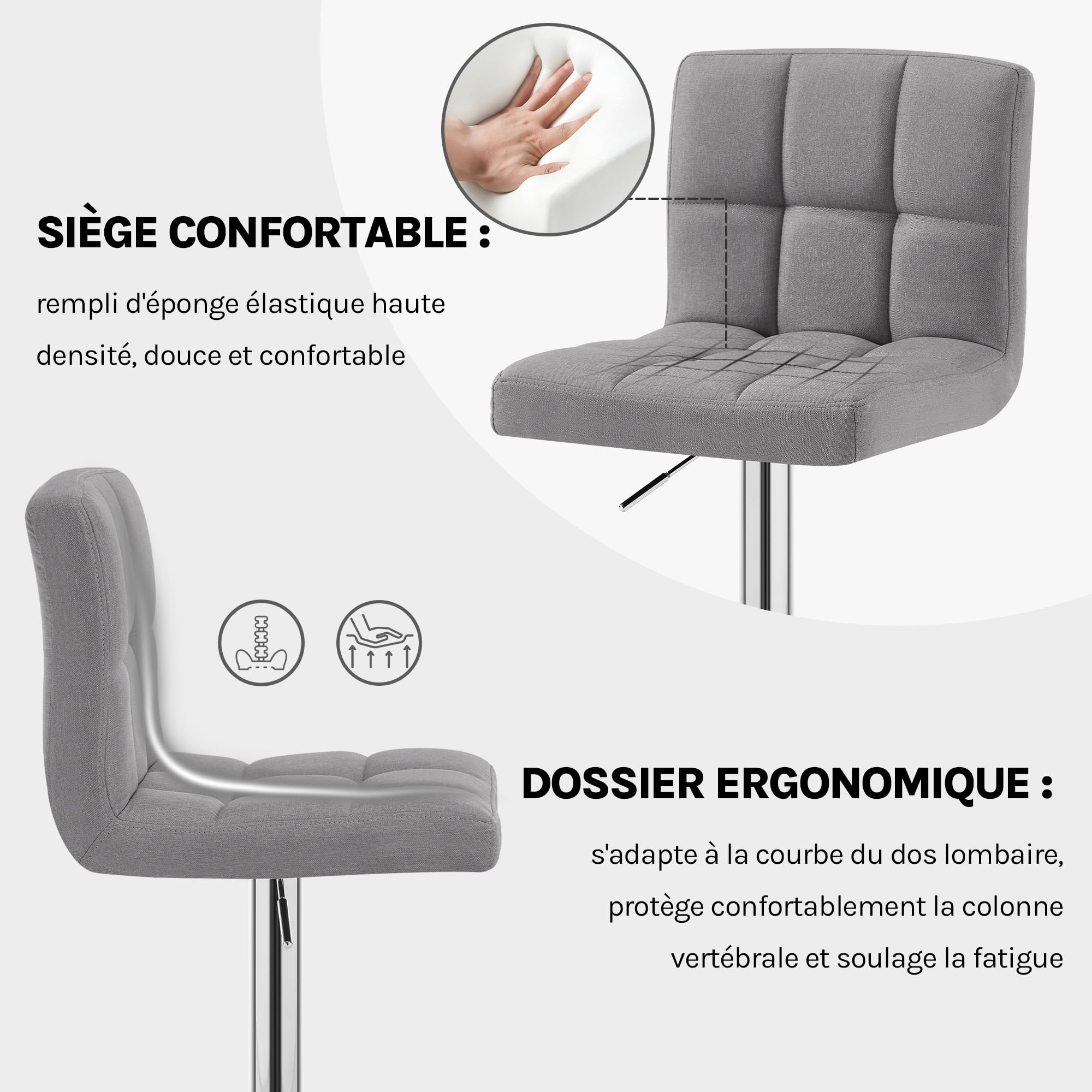 WOLTU Tabouret Bar Lot de 2, Chaise Haute de Bar Pivotant à 360° et Réglable en Hauteur, pour Îlot Central Cuisine, Comptoir, Tabourets avec Dossier et Repose-pieds, en Lin, Gris Clair