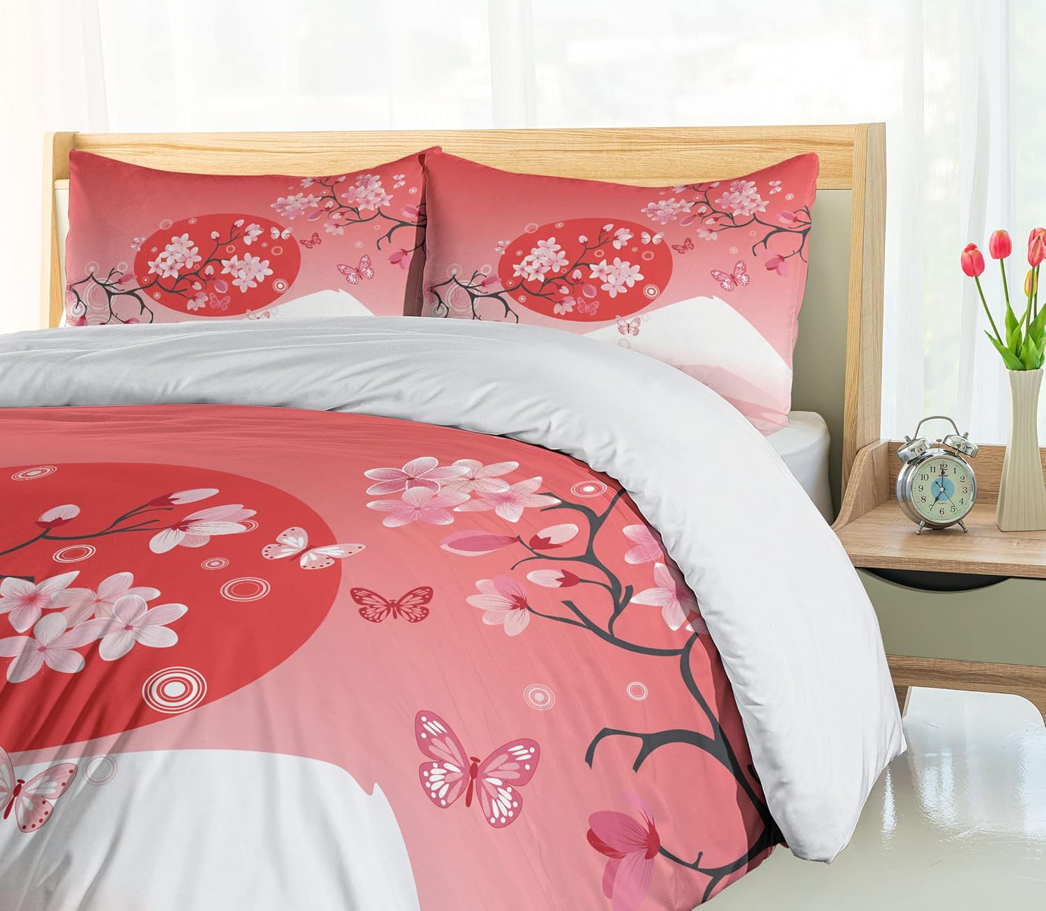 Ambesonne Asian Duvet Cover Set, Japanese Cherry Branches Over The Sun with Mountain Reflection Hill Season Image, Decorative 3 Piece Bedding Set with 2 Pillow Shams, Queen Size, Pink Red Queen Pink Red