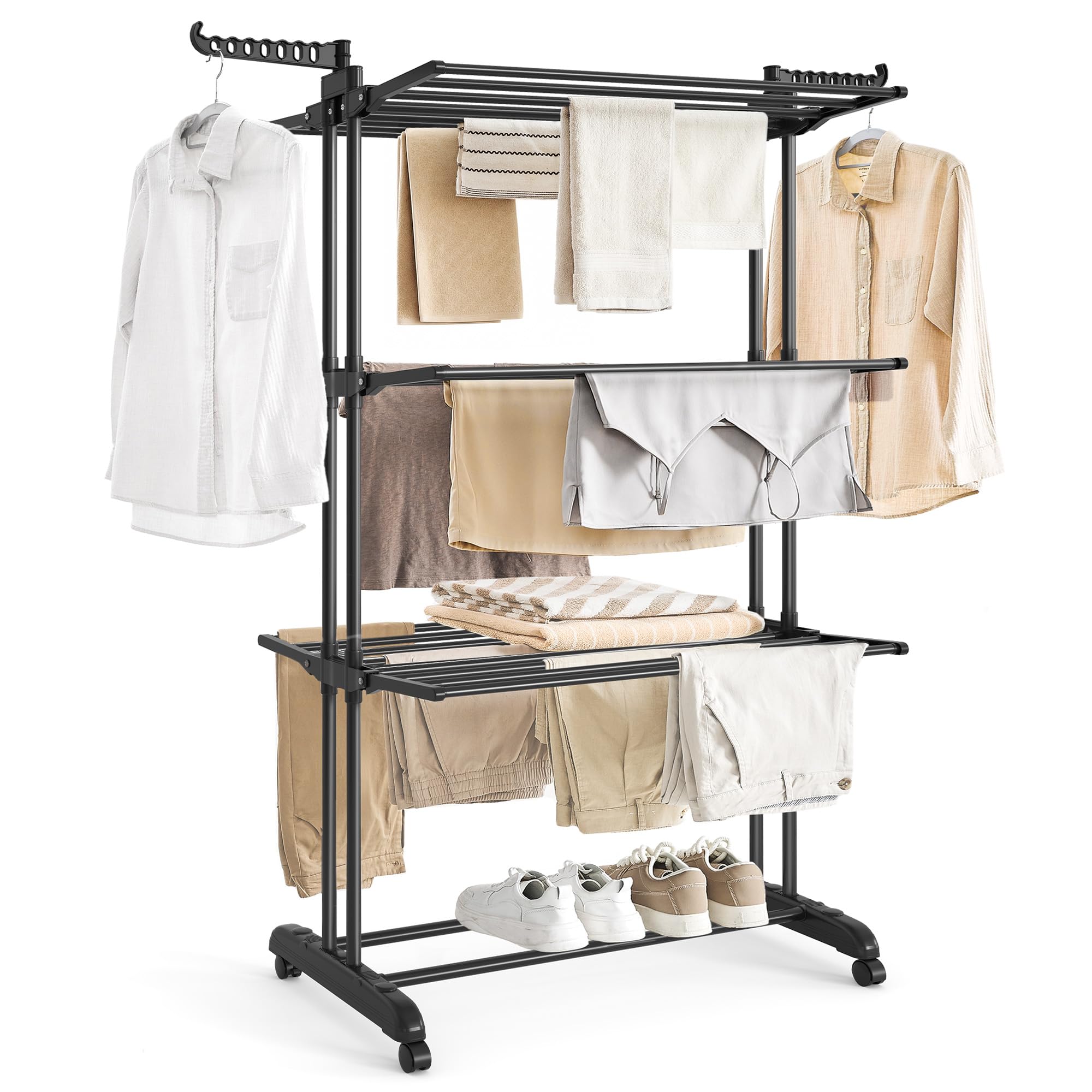 SONGMICS Large Clothes Airer, Foldable Clothes Drying Rack Laundry 4-Tier, Moveable, 63.5 x 128 x 173 cm, Stainess Steel, Folding Wings, Indoor Outdoor Use, Ink Black LLR701B01