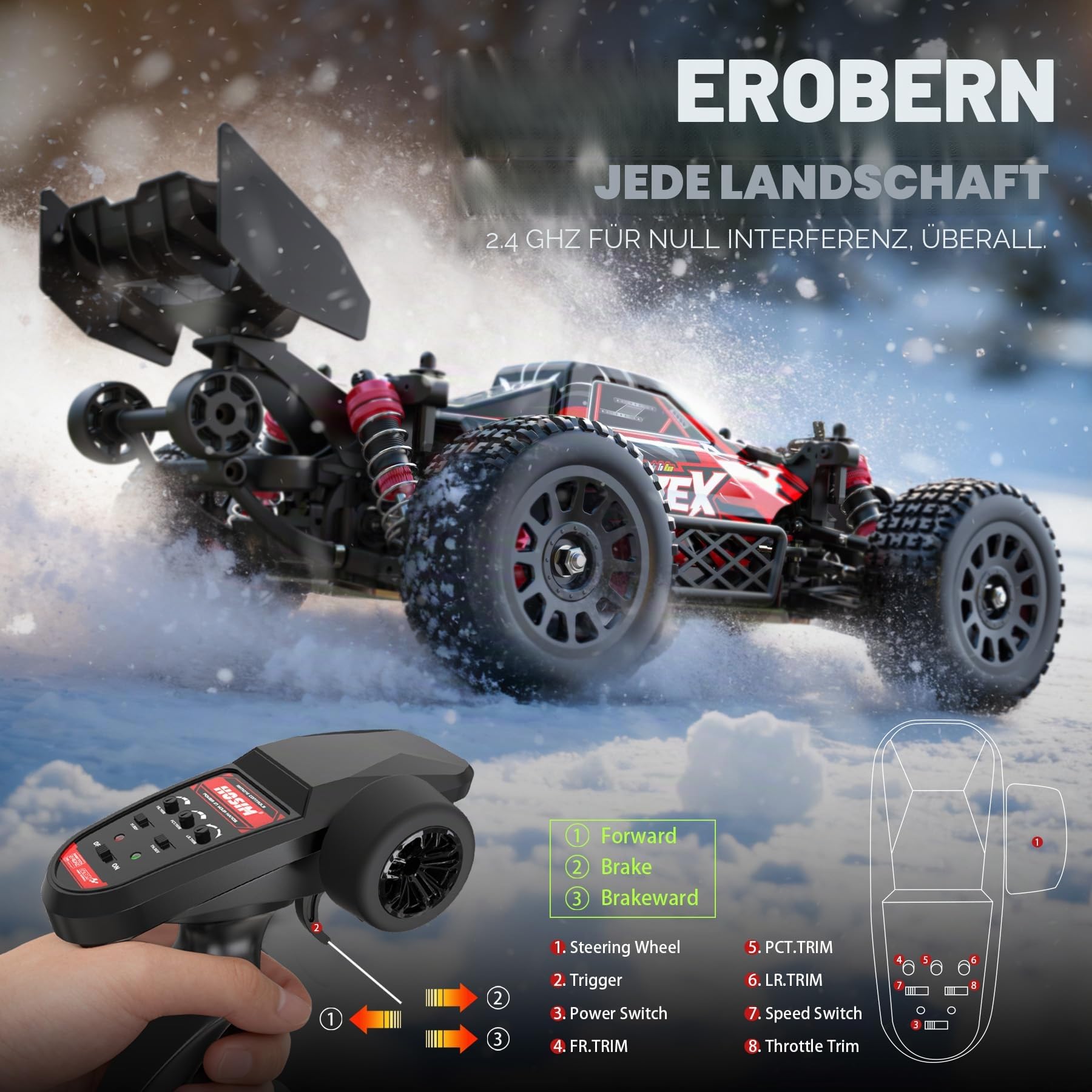 Hosim 1/14 RC Auto Ferngesteuertes Auto für Erwachsene & Kinder, 60 km/h Brushless Buggy 4WD Offroad, Wasserdichtes High-Speed RC Fahrzeug für Gelände/Sand/Schnee, Geschenk ab 8 Jahren