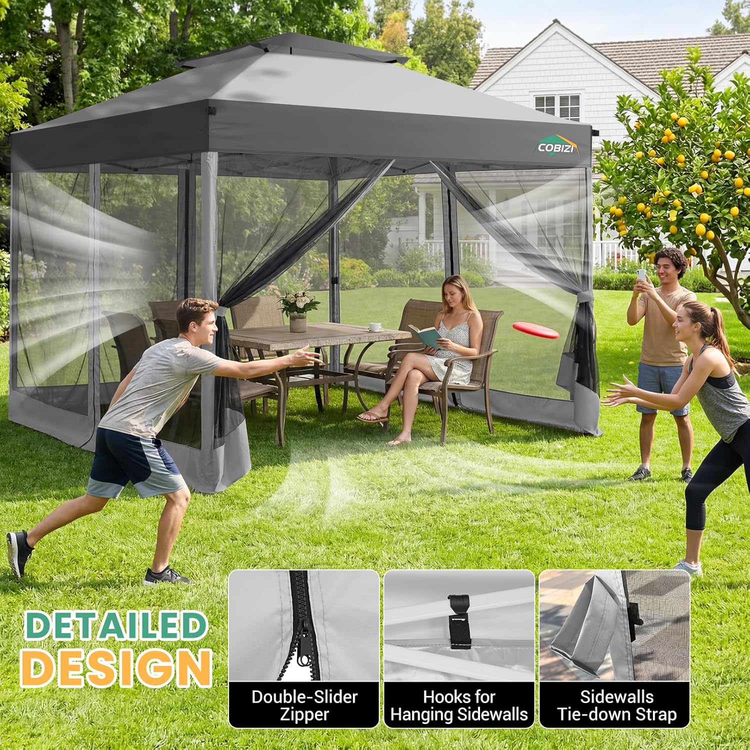 COBIZI 10x10 Pop Up Canopy with Mosquito Netting Sidewalls, One Push Easy Up Gazebo with Dual Vent Roof, Waterproof&UV 50+ Screen Tents for Parties, Backyard, Patio, Commercial Event, Dark Gray