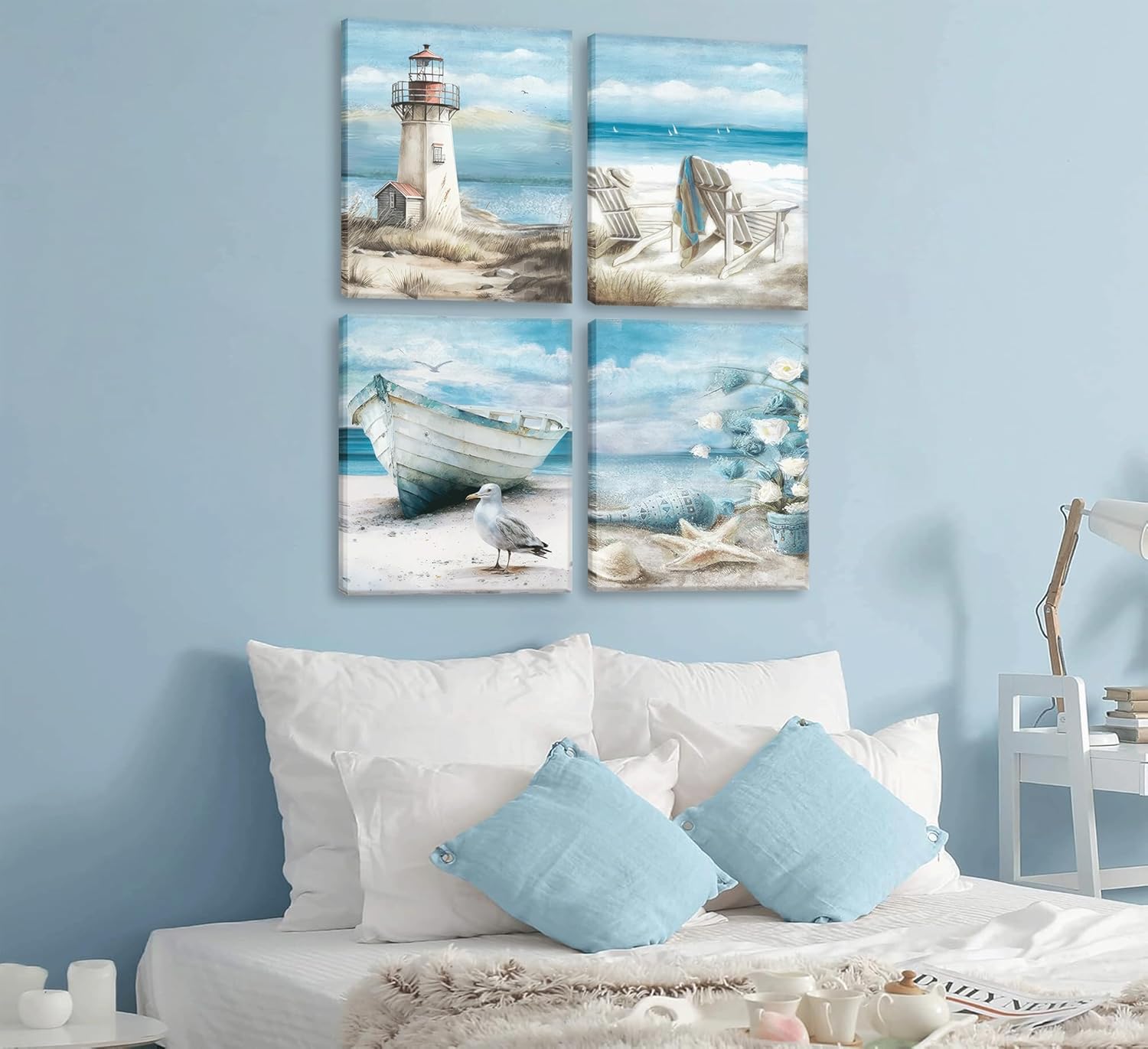XXOUYLQ 4pcs Blue Beach Canva Wall Art Beach Bathroom Wall Decor Seagull Posters Ocean Flower Pictures lighthouse Painting Starfish Prints Modern Coastal Seascape Canvas frame