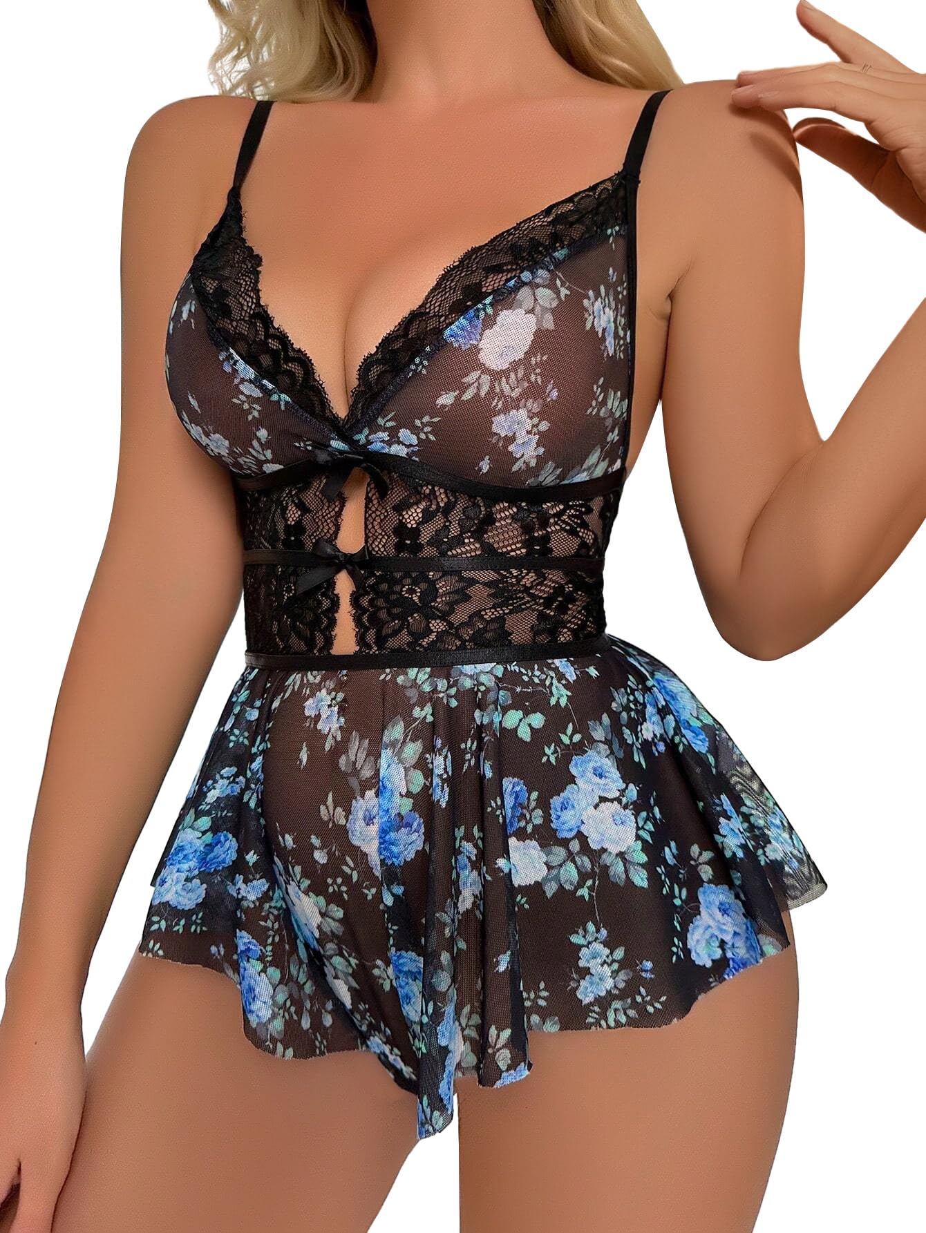 Lilosy Sexy Bows Floral Lace Mesh Babydoll Lingerie Romper: X-Small Black Blue