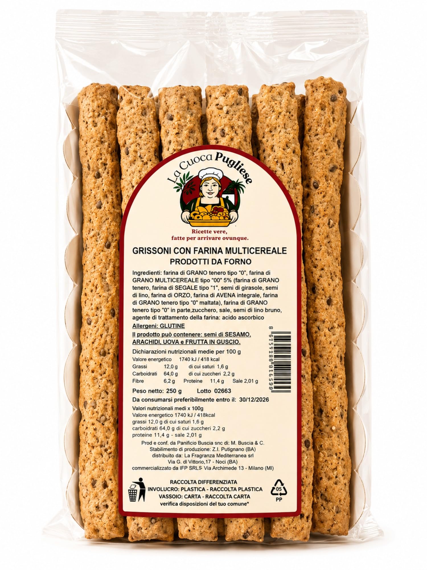 La Cuoca Pugliese - Grissoni Multicereali Artigianali, grissini croccanti con farina multicereale e semi, snack salato da forno, 10 confezioni da 250 g