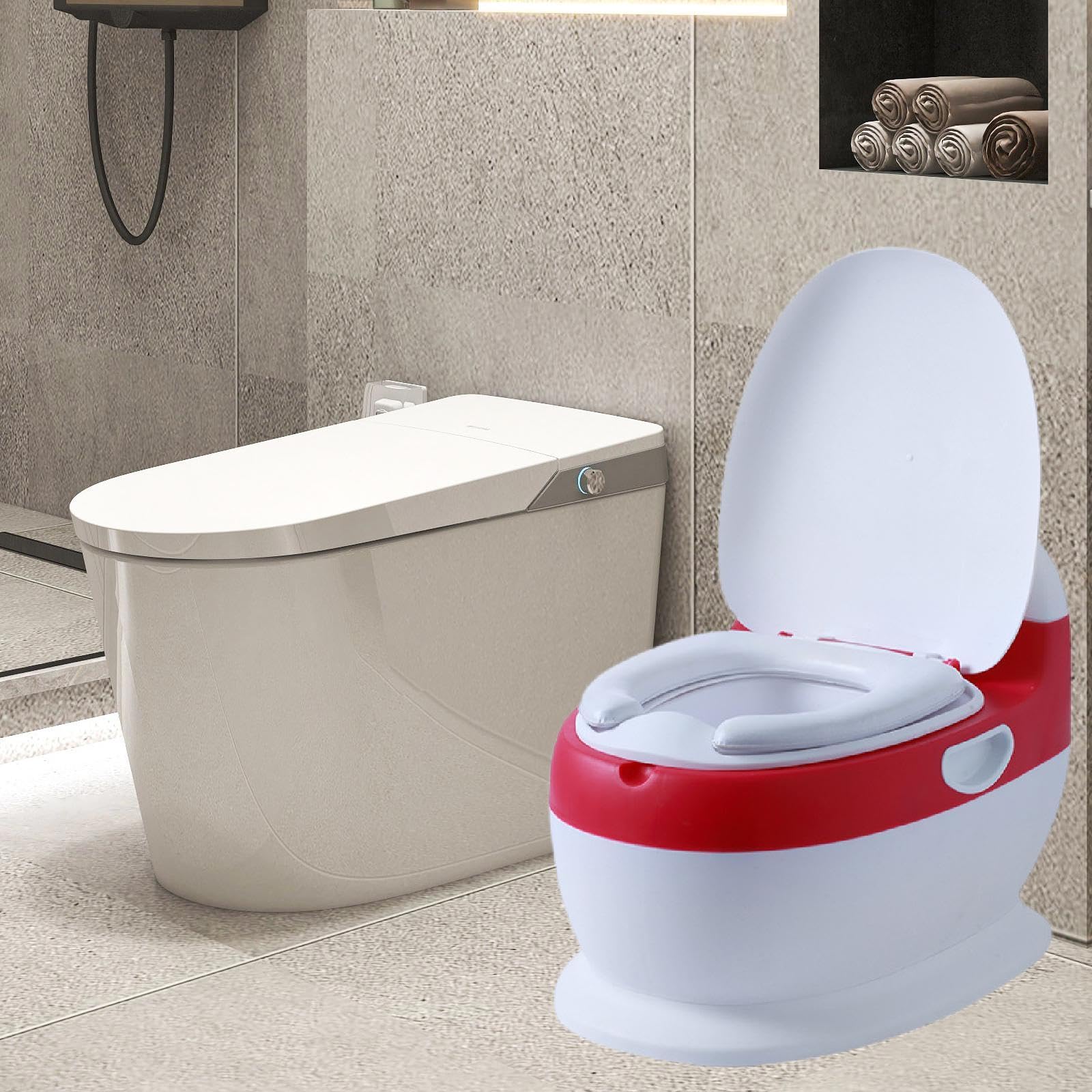 Gralara Potty Training Toilet Kinder Toilettensitz Kleinkind Töpfchen Toilettenstuhl Realistische Optik Ergonomisch mit Weichem PVC Sitz für Jungen Mädch, Rot