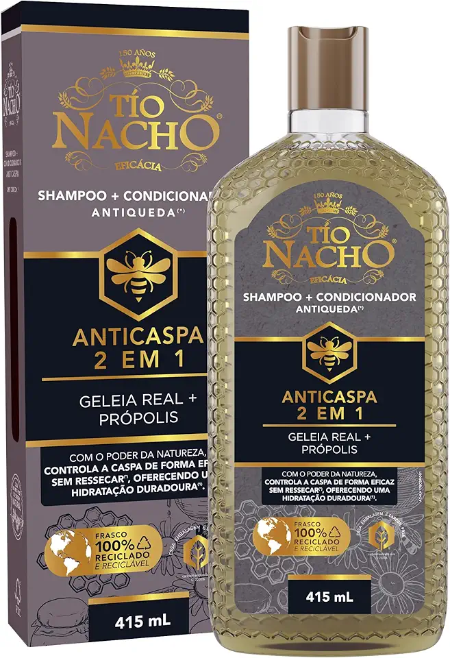 Tío Nacho Shampoo Anticaspa 2 em 1 Antiqueda Natural com Geleia Real e Própolis – Controle da Caspa, Hidratação e Condicionamento Capilar 415ml