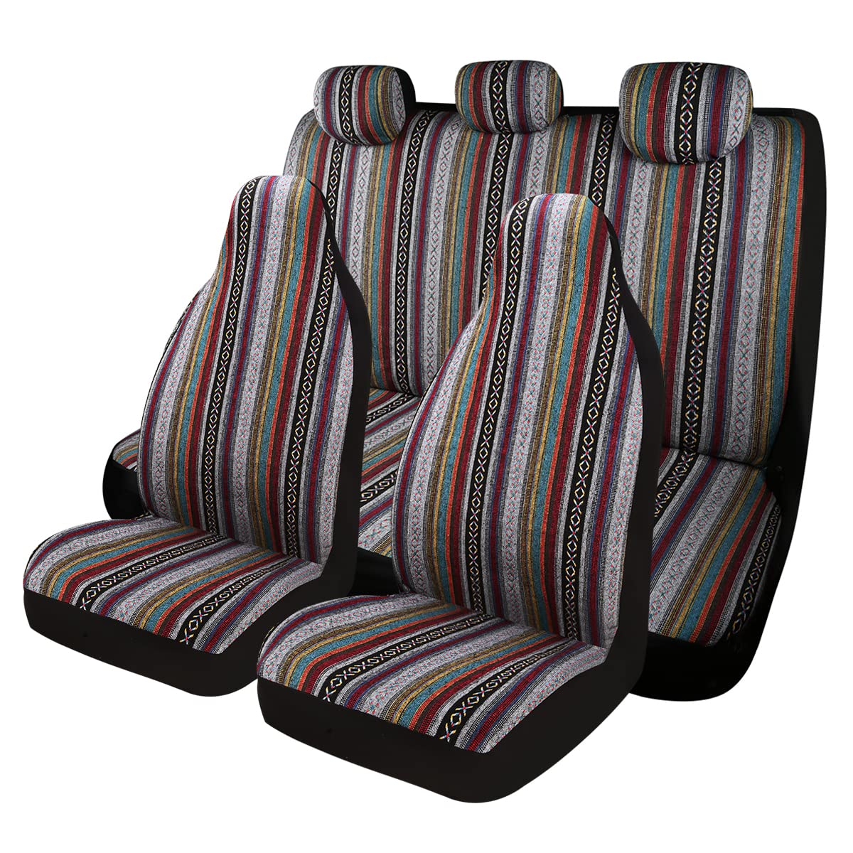 PONYJOYUP Baja Saddle Blanket Car Seat Covers 7PCS Full Set, Breathable and Washable Striped Woven Automotive Vehicle Seat Cover, Universal Seat Cover for Sedan, SUV, Truck, Airbag Compatible