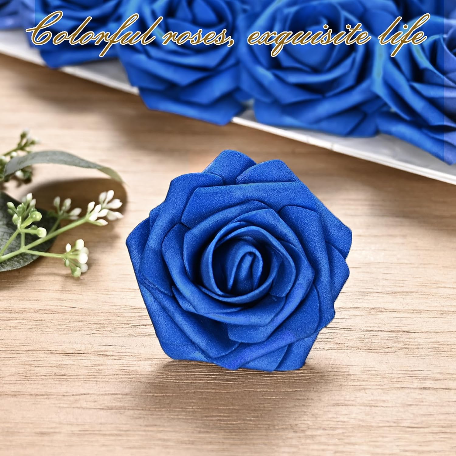 BLEUM CADE 16Pcs Artificial Flowers Fake Roses with Stems, Royal Blue Boxed Foam Roses for DIY Bouquets Centerpieces Wedding Party Arrangement Bridal Shower Decor