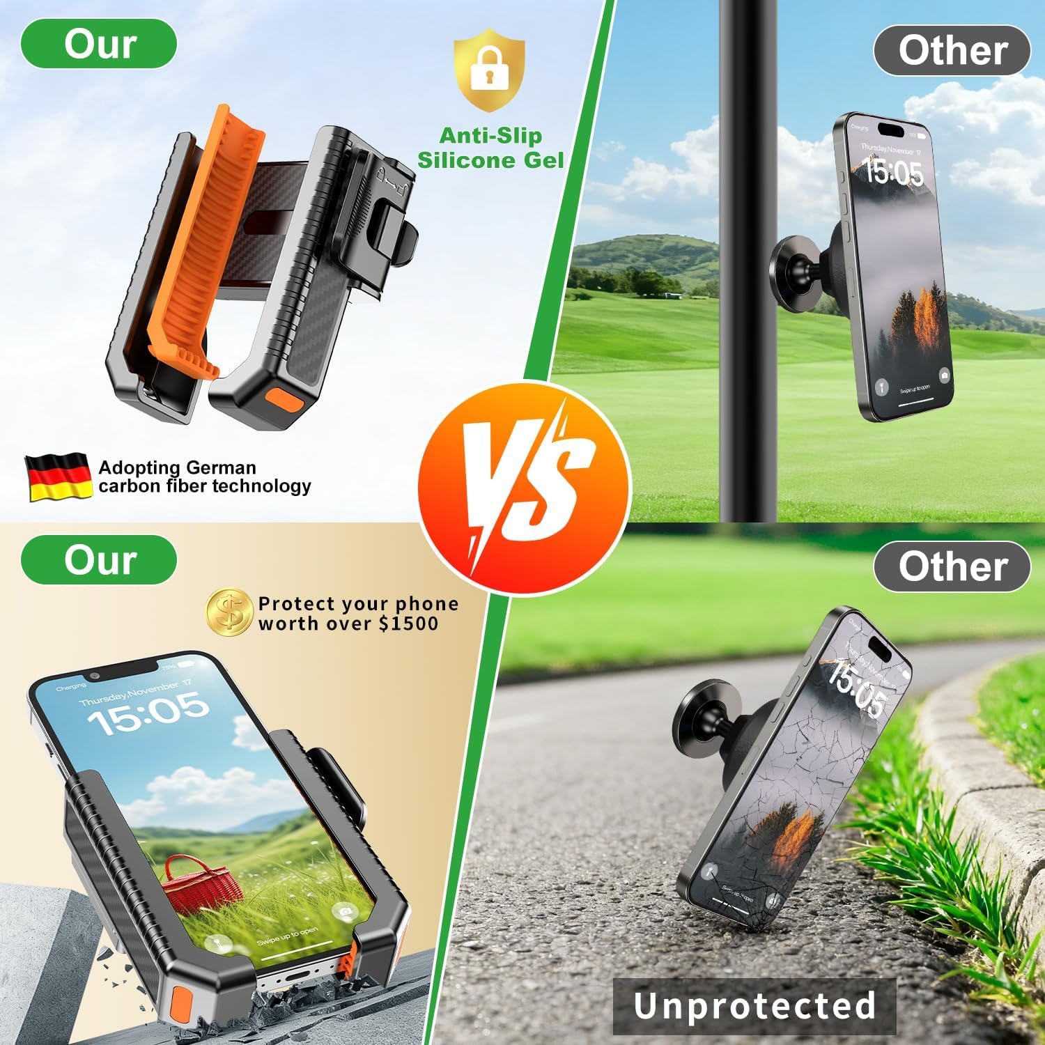 2-in-1 Golf Cart Phone Holder Mount[Magnetic Base&Vise clamp] Compatible with All 4.5-7" Smartphones (iPhone/Galaxy/Google).Universal Fit for Golf Accessories,EZGO/Club Cars/Yamaha/Golf Cart image 5