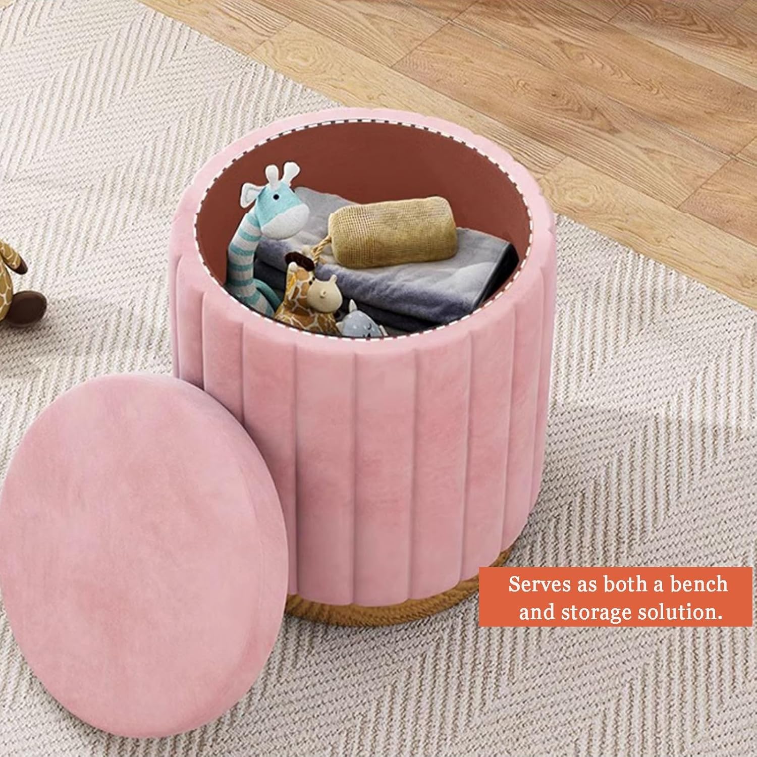 Entryway Shoe Changing Storage Ottoman Round Vanity Stool with Storage Upholstered Foot Rest Stool Round Ottoman with Storage and Gold Plated Base Storage Ottoman(B)