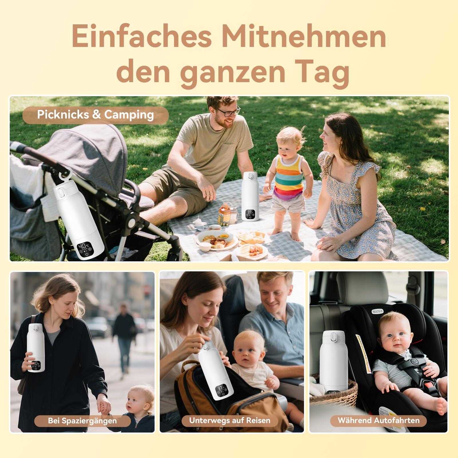 Tragbarer Flaschenwärmer Baby Unterwegs, 3 min Schnellheizung für Muttermilch und Wasser, 500ml Kapazität mit Pasteurisierung und präziser Temperatursteuerung, 11000mAh Akku
