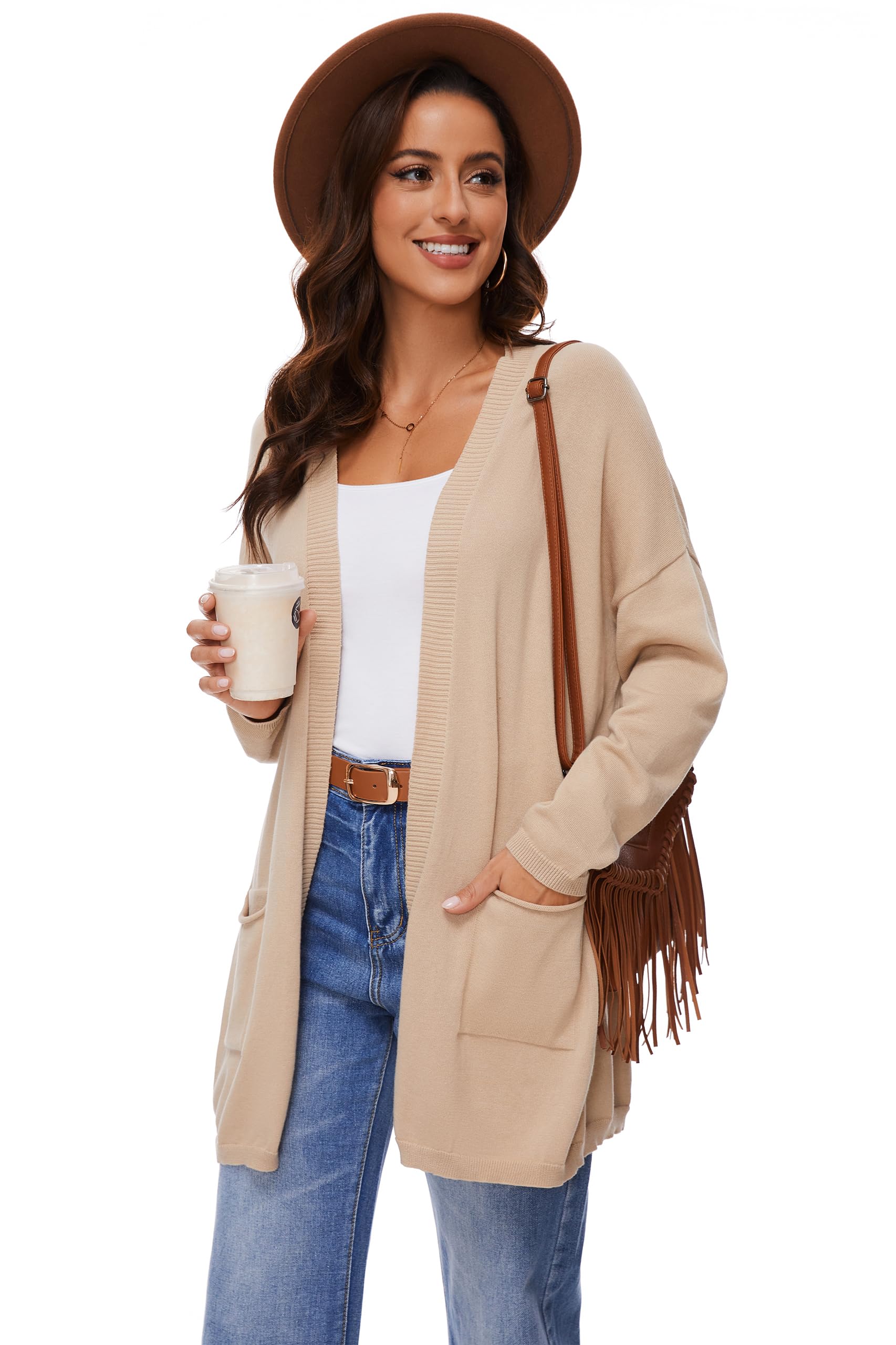Cardigan Aperto in Cotone 100% per Donna con Tasche, Maniche Lunghe, Morbido, Oversize, Maglione Casual da Donna, Khaki, L