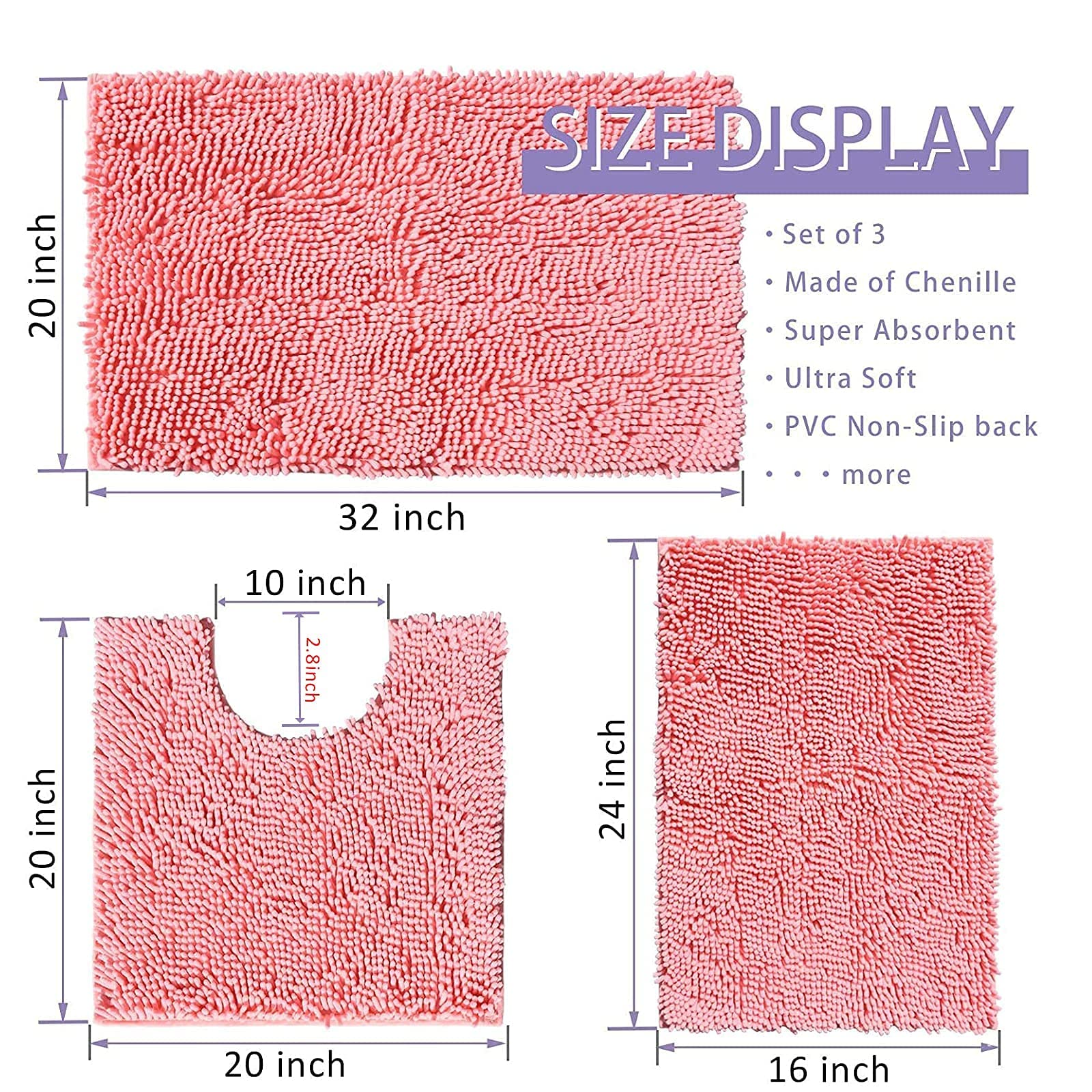 Pink Bathroom Rugs Chenille Bath Mat Set 3-Piece Bath Rugs for Bathroom Extra Soft Bath Mats for Bathroom Non Slip Absorbent Shag Bathroom Carpet, Machine Washable, Bathroom Mats Sets 3 Toilet Rug