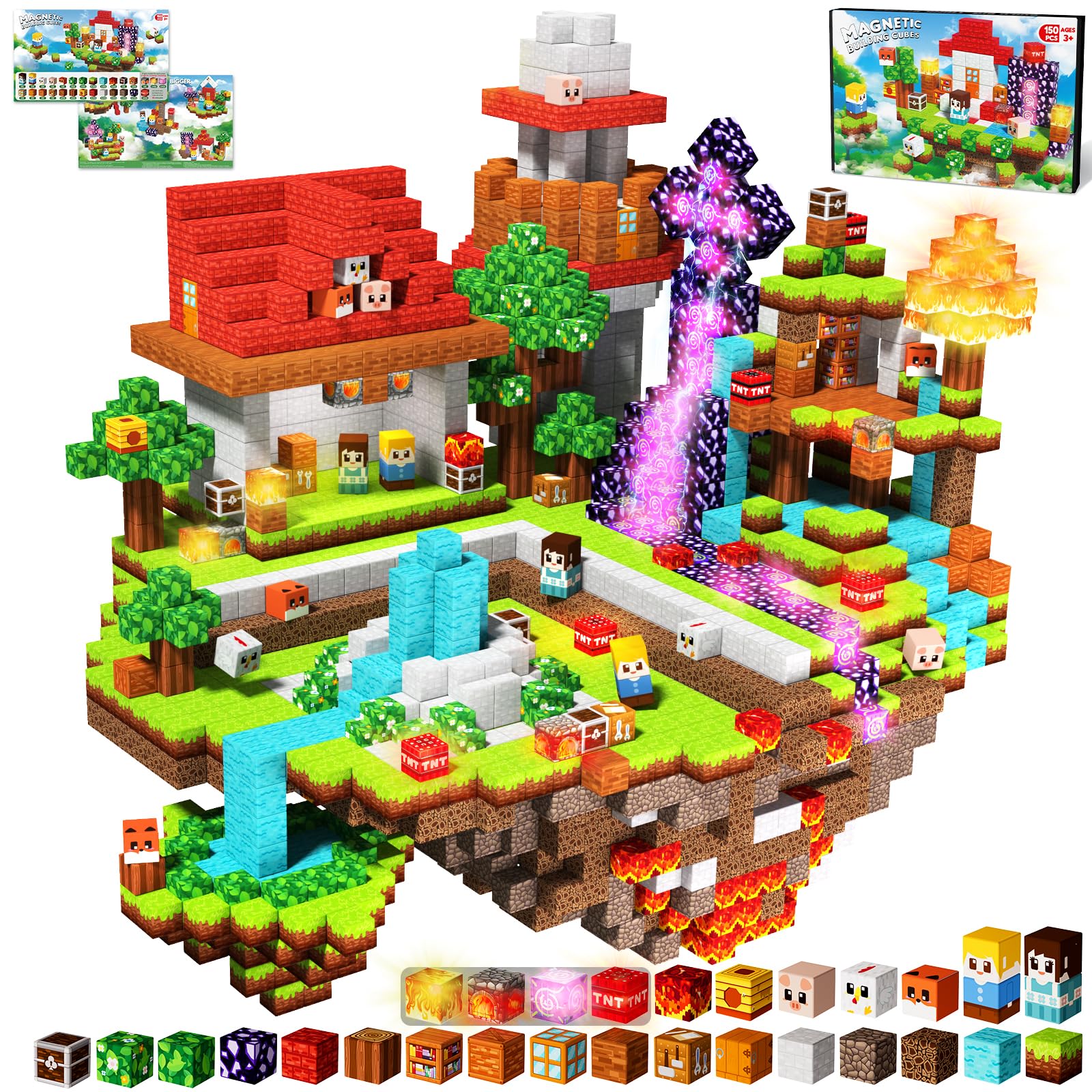 Magnetic Blocks with Light up Blocks -150PCS Magnetic Blocks for Kids Ages 4 5 6 7 8 9 10, Magnetic Light up Building Blocks, SSTEM Learning Toy,