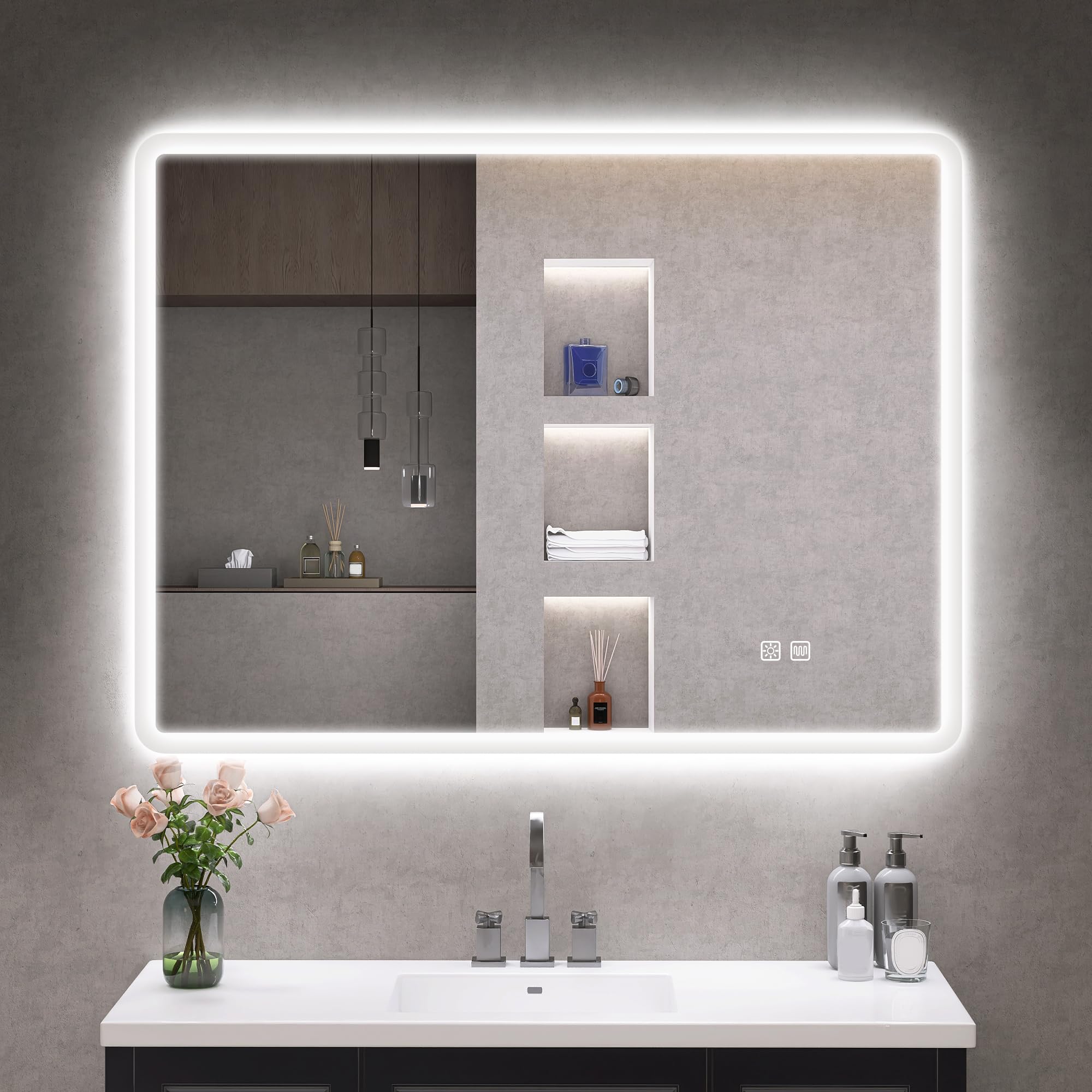 S'bagno Bathroom-Mirror-with-Lights 800x600 mm, LED-Bathroom-Mirror, Anti-Fog, 3 Colors, Dimmable, Memory, Tempered Glass, IP44 Waterproof, Horizontal/Vertical — image 1