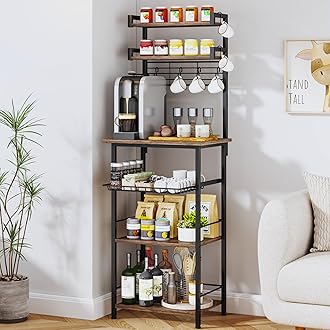 SWTYMIKI 6-Tier Coffee Stand Station - Tall Bakers Rack with Drawer & 6 Hooks, Coffee Bar Station Bar Organizer Cabinet for Kitchen,11.81" D x 18.9 W x 56.7 H, Rustic Brown