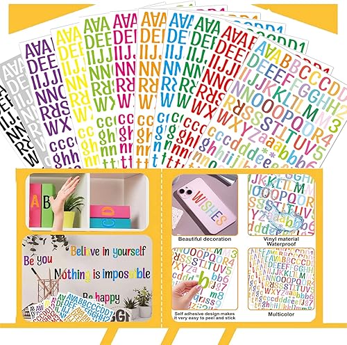 Miniatura 4 de 14 hojas de calcomanías de letras, 1764 calcomanías del alfabeto colorido, letras de vinilo autoadhesivas LGZJBN de 1 pulgada de la A a la Z, para