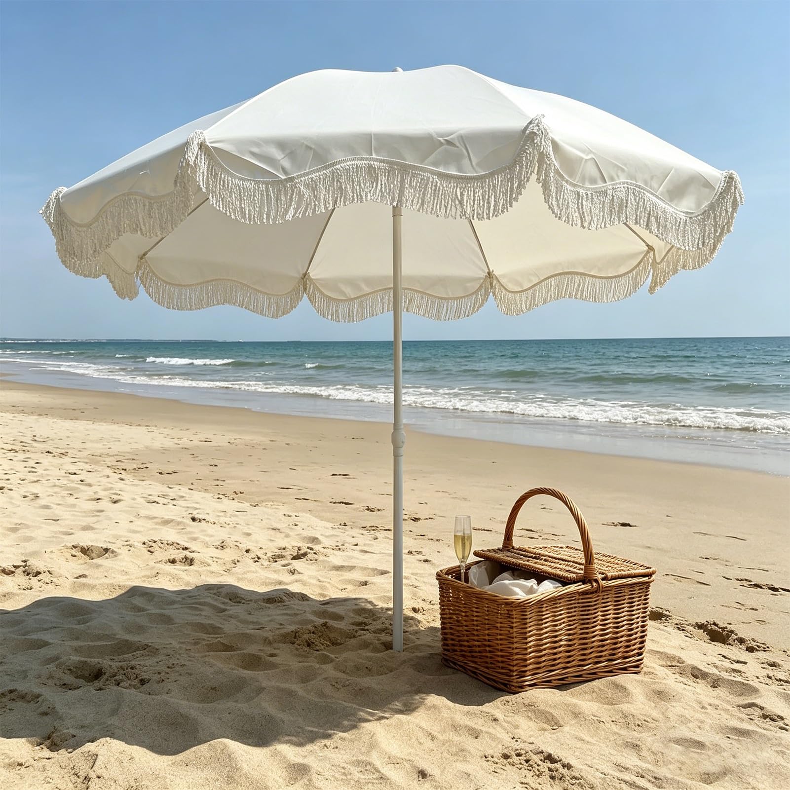 Biały Boho Parasol Ogrodowy 200 cm z Frędzlami, z Ochroną Przed Promieniowaniem UV, na Tarasie, Basenie