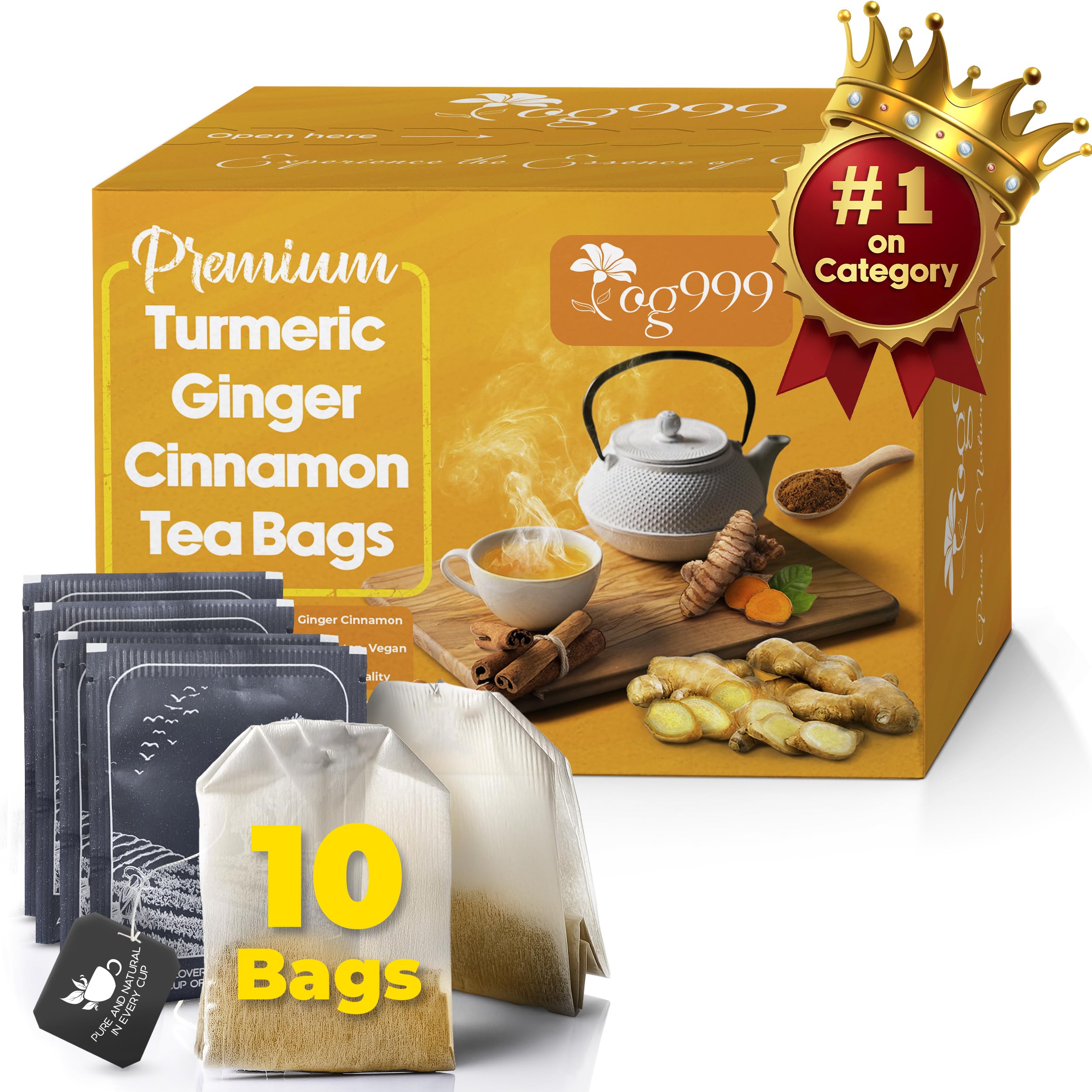 TOG999, Premium 10 Tea Bags Turmeric, Ginger, Cinnamon, 100% Natural, Hand-made Blend of Turmeric, Ginger, and Cinnamon Herbal Tea. Eco-conscious Tea