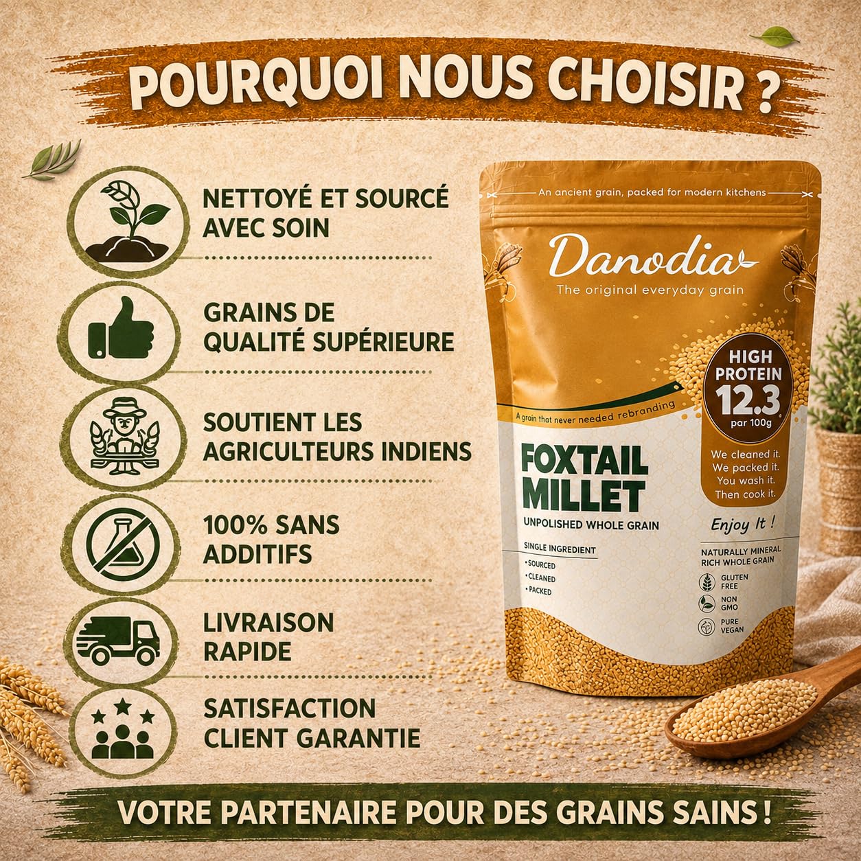 Danodia Foods Millet Queue-de-Renard Entier 950 g / 2 lb | Foxtail Millet décortiqué et non poli | Céréale sans gluten cultivée en Inde | Pour bols, porridge, accompagnements et recettes maison