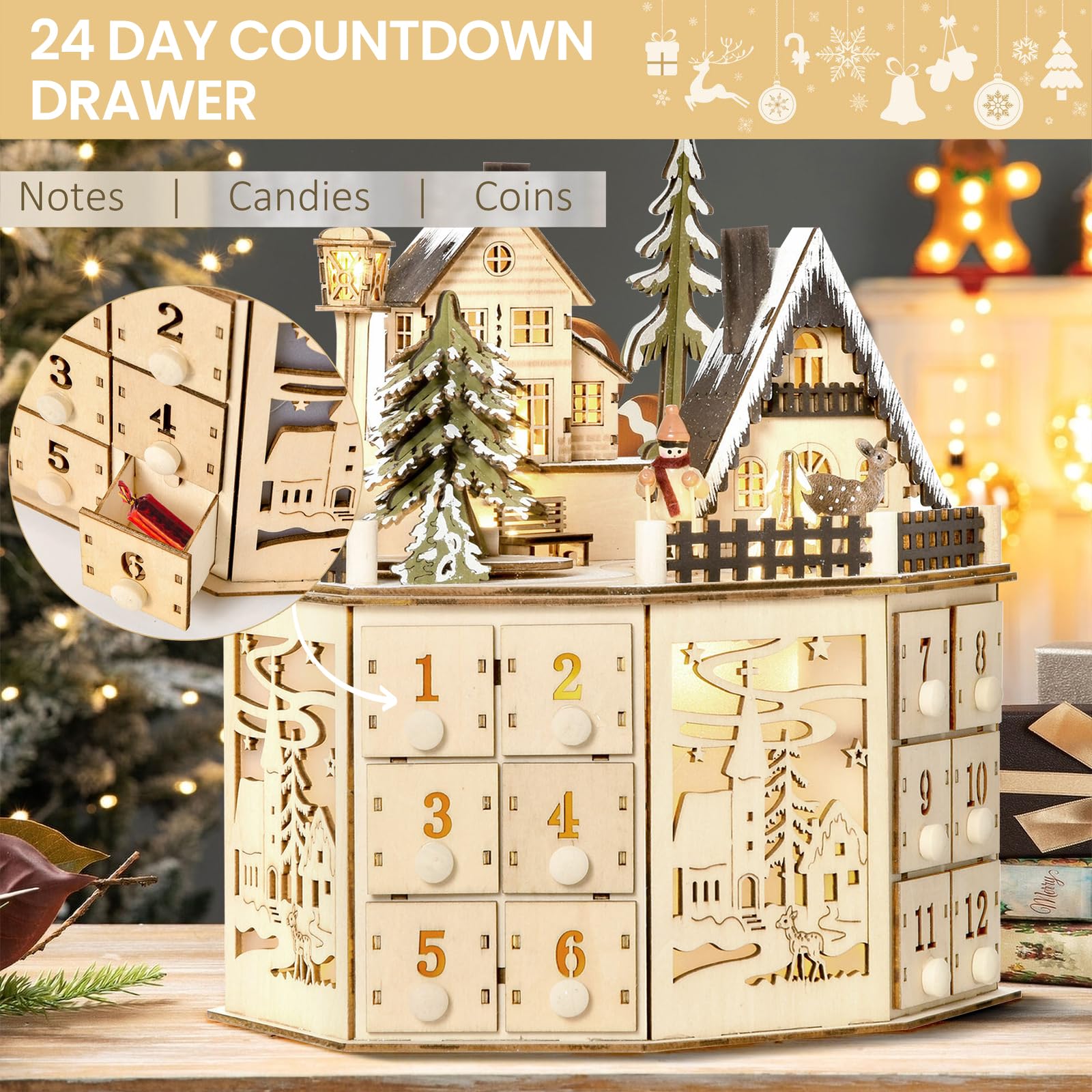 Calendario De Adviento De Madera Con 24 Cajones,Luces LED y Música (A)