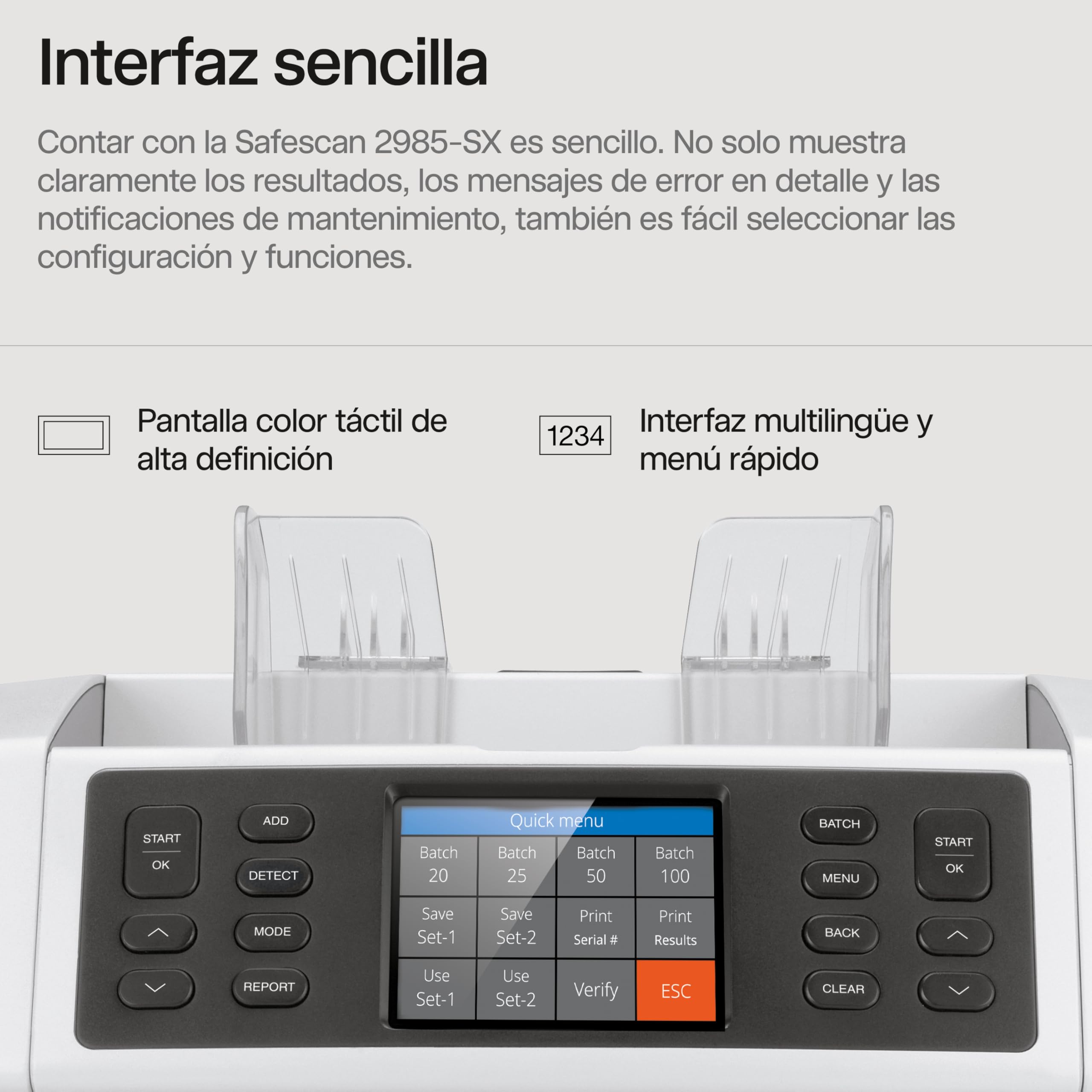 Safescan 2985-SX Contadora de billetes cuenta el valor y clasifica billetes mezclados - Contadora detectora de billetes falsos en 7 puntos - Máquina para contar billetes con opciones de clasificación