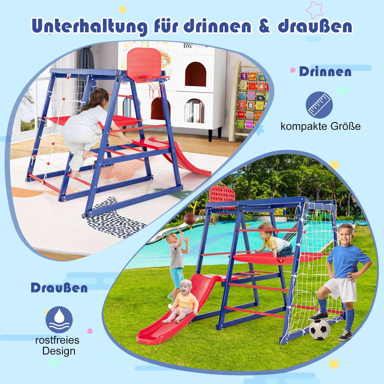 COSTWAY Klettergerüst Outdoor, 7 in 1 Spielplatz mit Rutsche, Kletterleiter, Strickleiter, Fußballnetz, Basketballkorb, Stoffplattform & Kunststoffplattform, für 3-4 Kinder, 150 x 142 x146cm