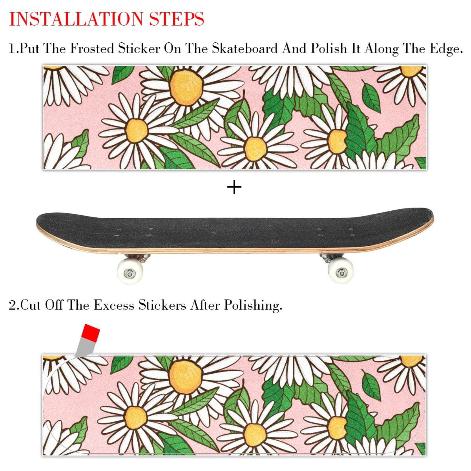 Lot de 2 feuilles de papier abrasif pour skateboard Motif marguerites Vert