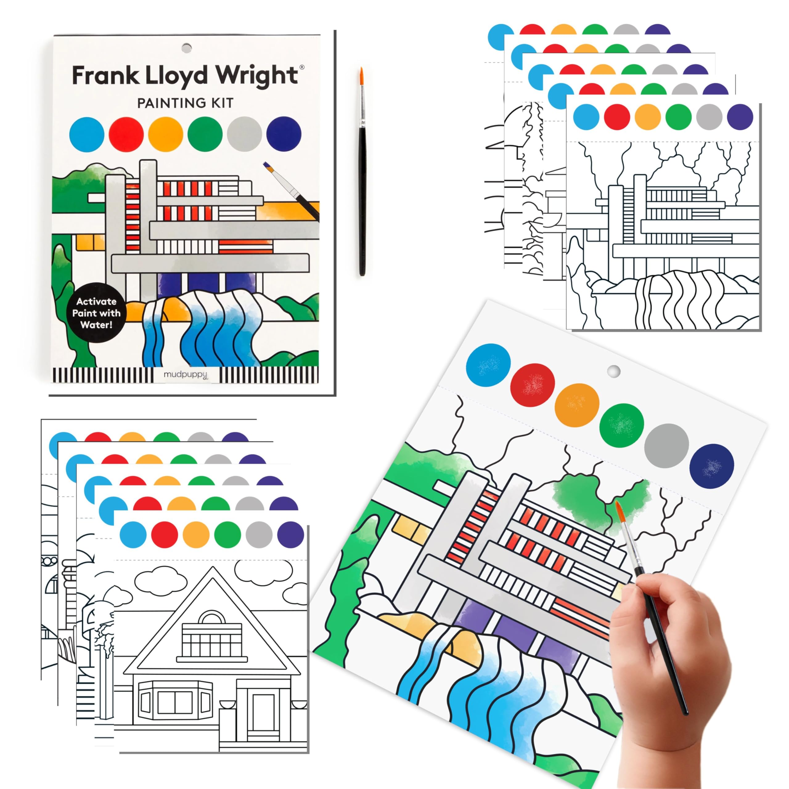 Mudpuppy Frank Lloyd Wright - Painting Kit with Illustrations of Geometric Patterns and Designs for Children Ages 5 and Up