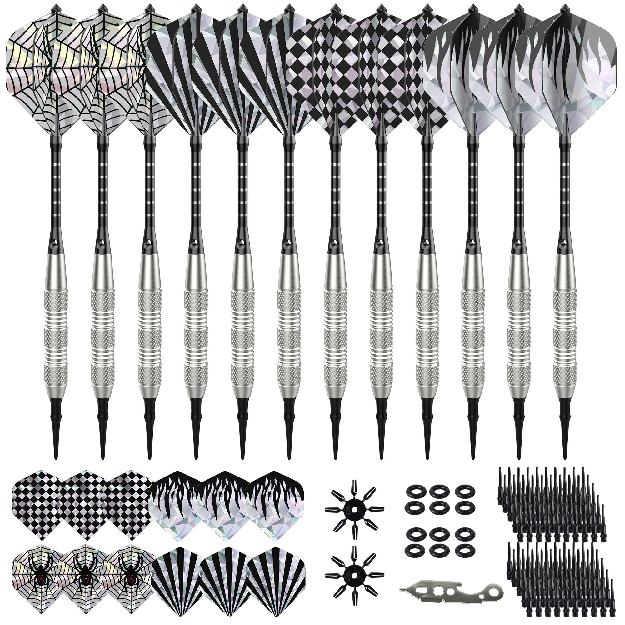 vonsera 12 Stück Dartpfeile mit Kunststoffspitze 18 g für Elektronische Dartscheibe, Softdart Set mit 24 Flights, 100 Ersatzspitzen und 2 Pcs Dartwing Protector, Dart Set