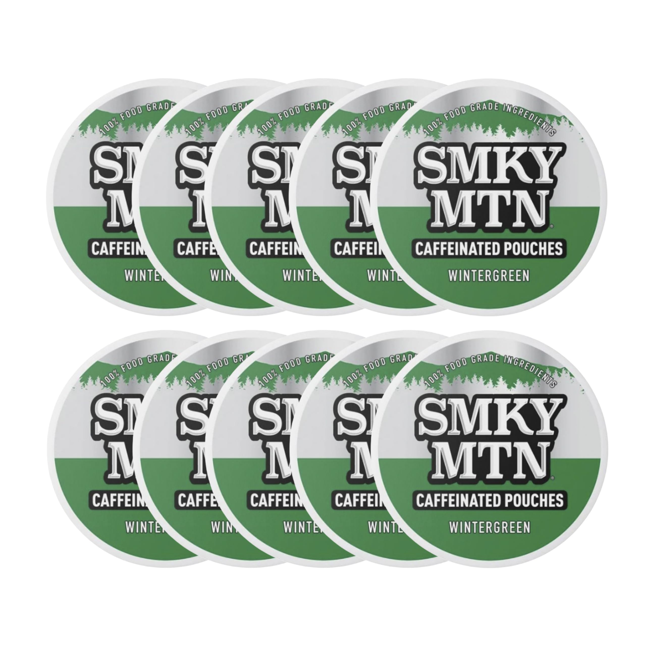 Caffeinated Pouches - Wintergreen - Tobacco Free and Nicotine Free - 10 Can Box - 15 Pouches Per Can
