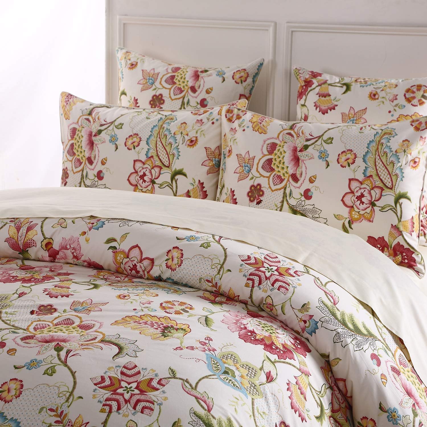 USTIDE Shabby Floral Duvet Cover Set 3-Piece Farmhouse Vintage Cotton Bedding King 230x220cm Blossom Comforter Set
