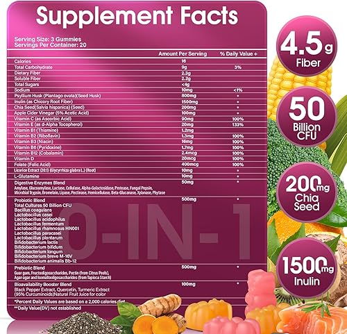 Miniatura 6 de Gomitas de fibra para mujeres, suplemento prebiótico con cáscara de psyllium, inulina, ACV y 50 mil millones de probióticos UFC, equilibrio