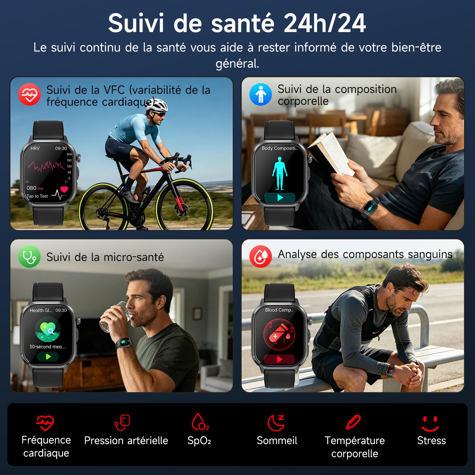 GPS Montre Connectée Homme ave AI-GPT/ECG/VFC/Pressιon artérιelle/IMC