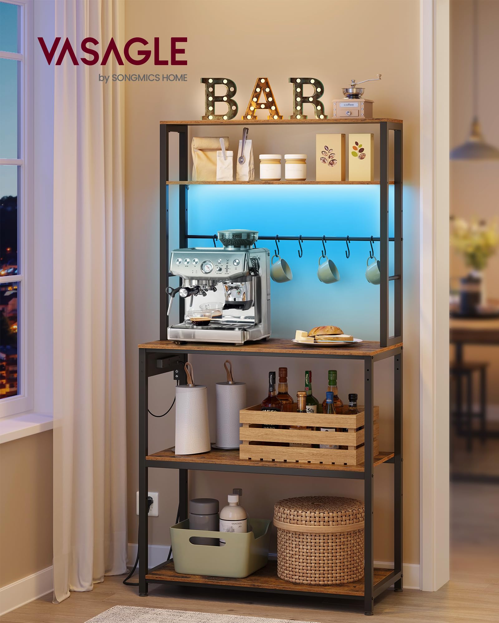 VASAGLE Scaffale da Cucina con LED, Scaffale per Microonde con Multipresa, Ripiani Regolabili, 8 Ganci, 40 x 80 x 168,4 cm, Marrone Vintage e Nero Opaco KKS050KD01