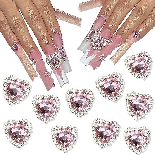 Miniatura 1 de YAEISM Dijes de arte de uñas de corazón de 0.472 pulgadas, 10 piezas de diamantes de imitación de cristal 3D, dijes de uñas de diamante rosa
