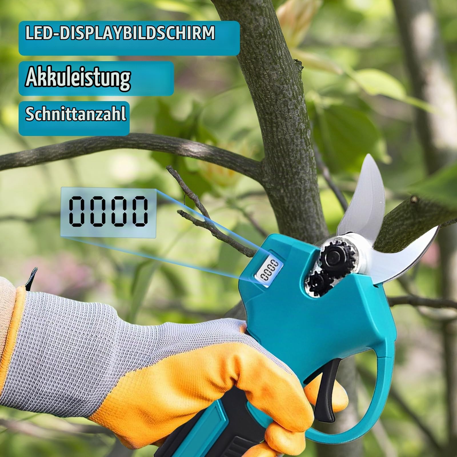 Akku Teleskop Astschere Profi Set 180° schwenkbarer Schneidkopf | 2X 2000mAh Li-Ion Akku inkl. Schultergurt, Handschuhe, Schutzbrille Zubehör für Obstbaum und Gartenbau