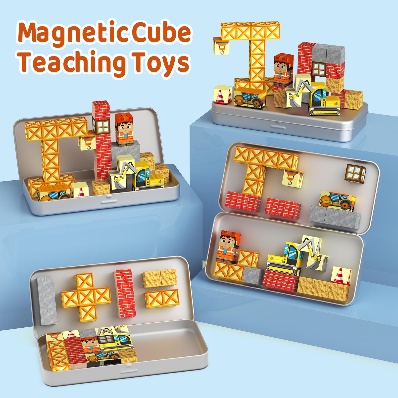 STEM MATCH Mattoncini magnetici da viaggio per bambini, scatola in ferro portatile giocattolo da costruzione magnetico regalo per bambini dai 3 anni in su